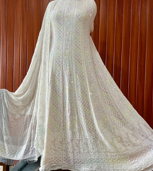 Ivory Chikankari multicolored Sequins and Cut Dana Anarkali