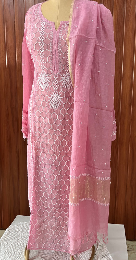 Pink Mul chanderi Chikankari pearl embroidered kurta and dupatta
