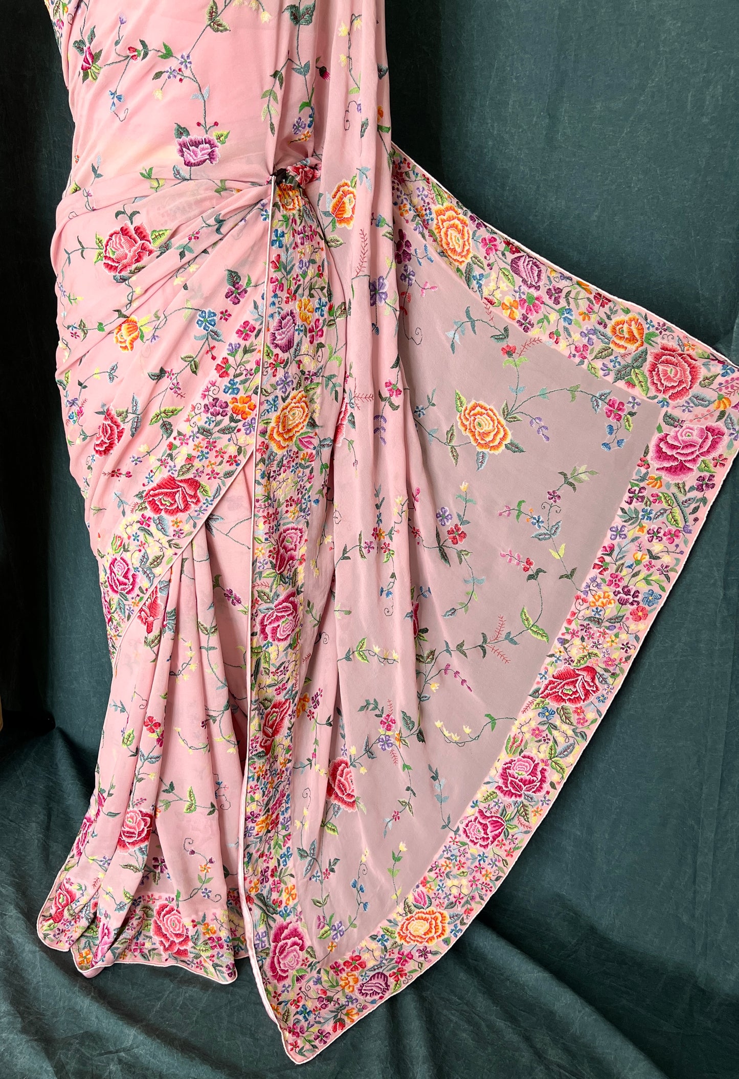 Blush Pink Masterpiece Petit Point Hand Embroidered Saree