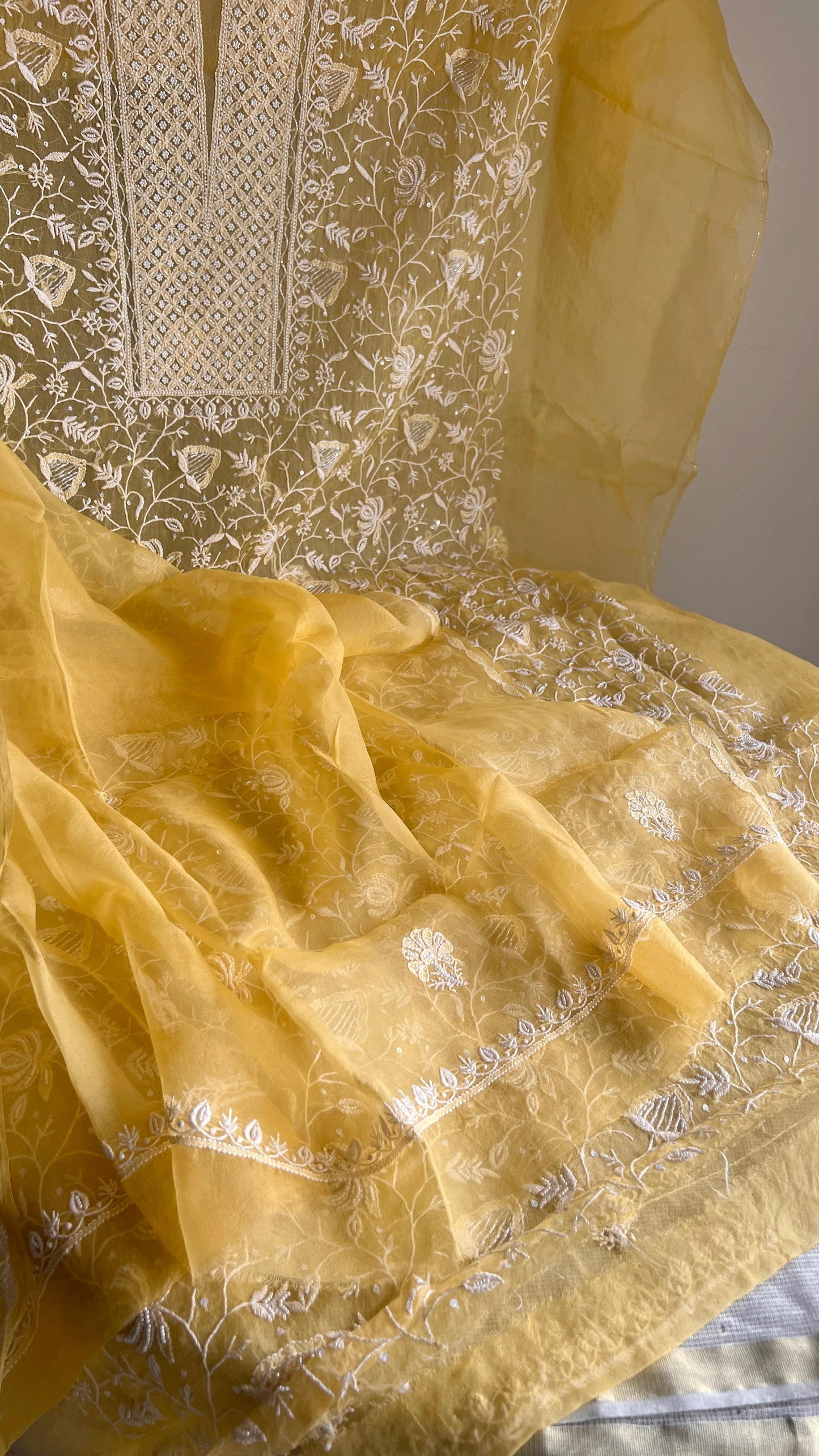 Yellow chikankari pearl cut Dana work pure Organza kurta with dupatta