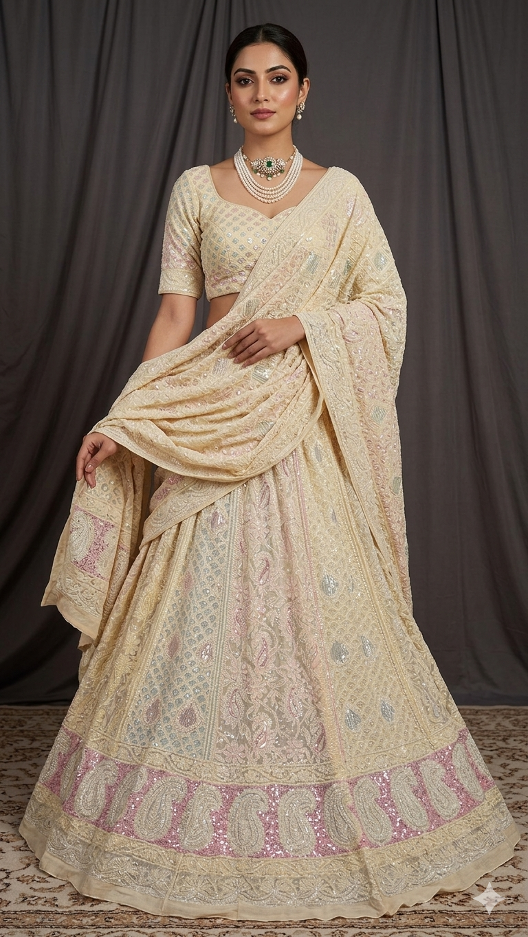 Butter yellow Ruhani Chikankari Lehenga with Multicolored Cut Dana sequins