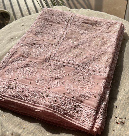 Ruhani Dusty Pink Allover Designer Chikankari and Mukaish Saree