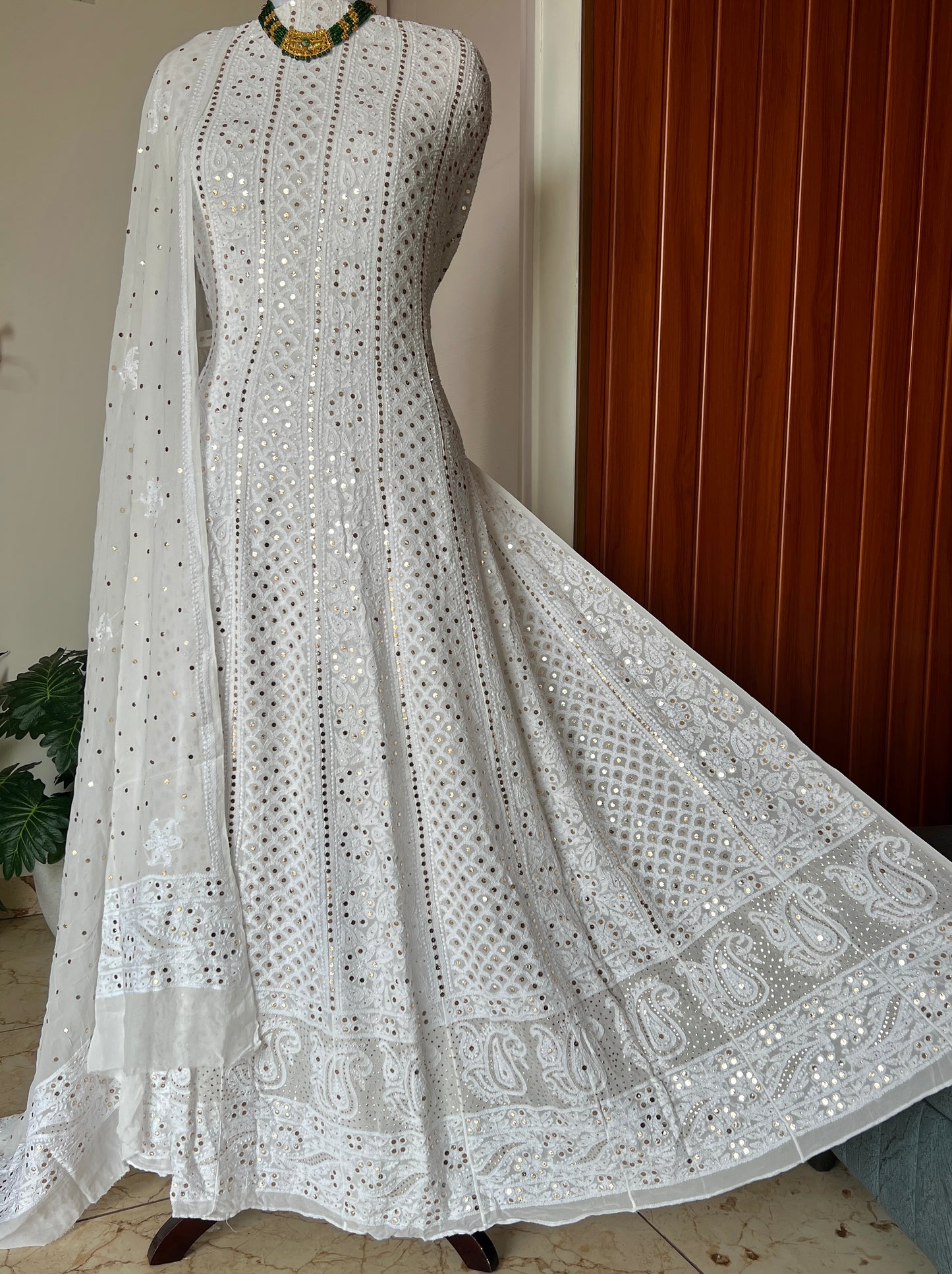 White allover Chikankari and mukaish anarkali with dupatta