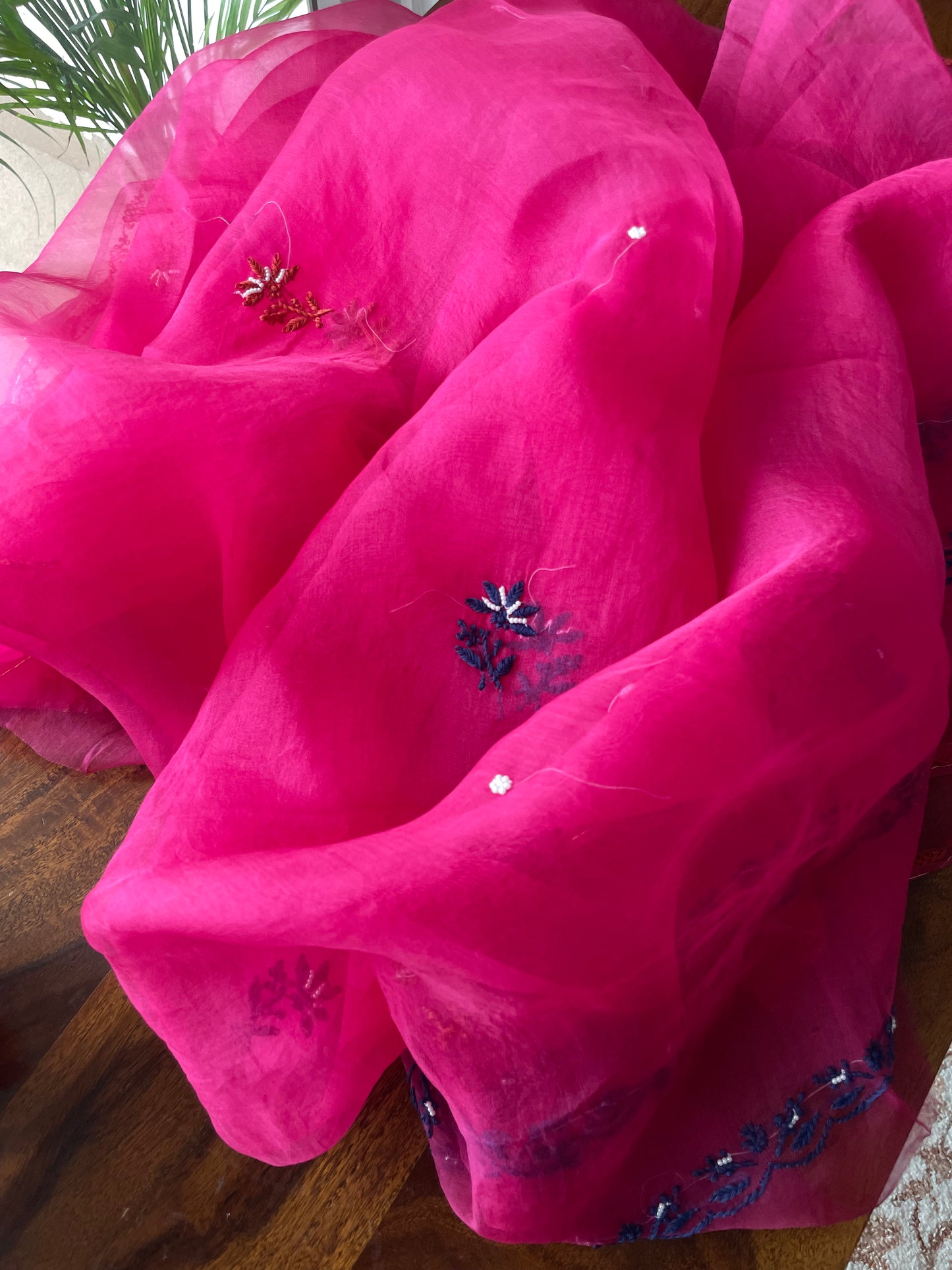 Hot Pink Chikankari pearl sequins pure Organza kurta with dupatta