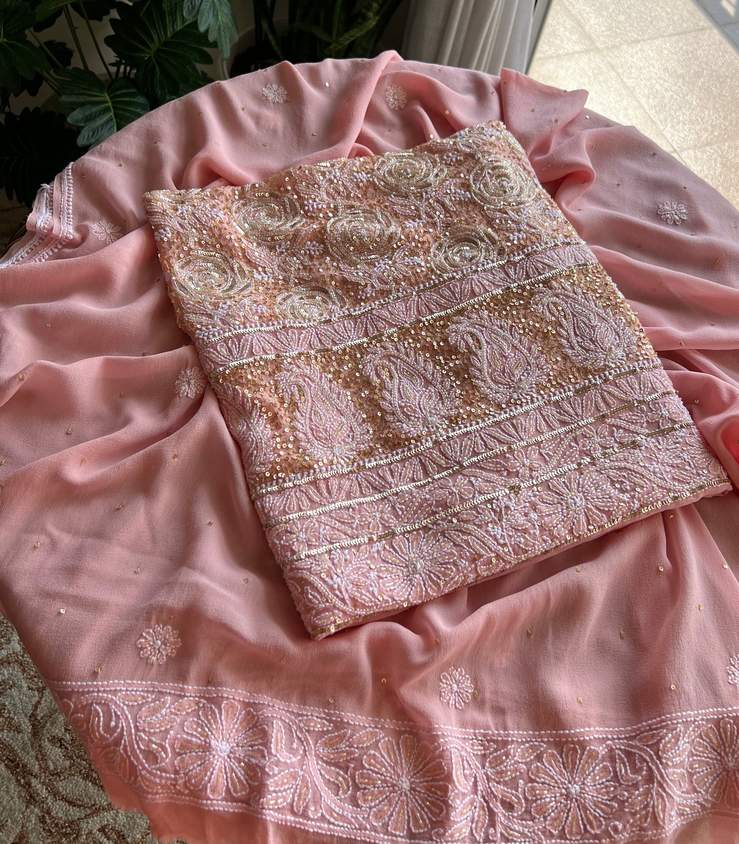 Ruhani Blush peach Chikankari golden cut dana sequins kurta and dupatta