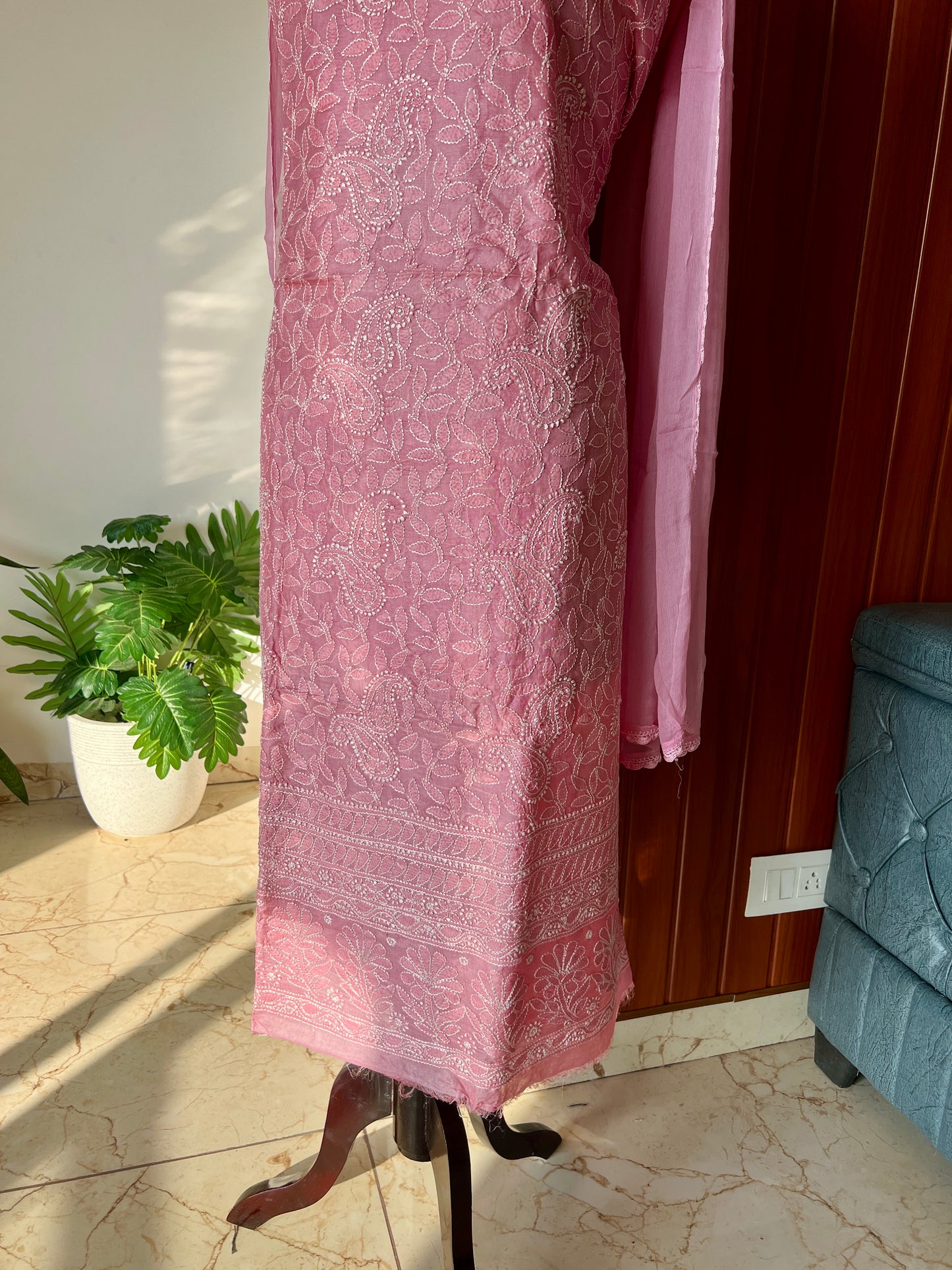 Tussar silk Chikankari embroidered kurta with chiffon dupatta
