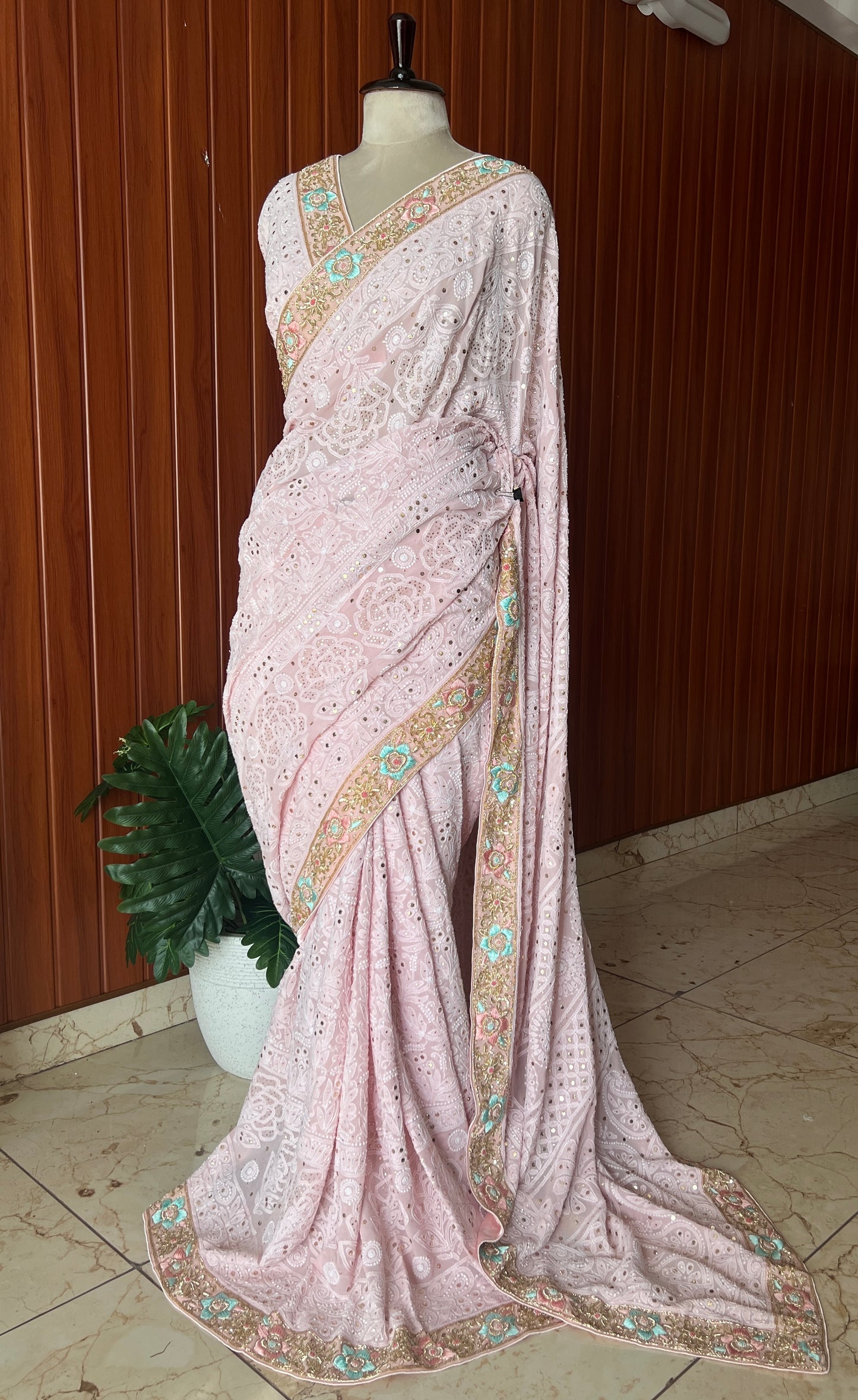 Ruhani Dusty Pink Chikankari and Mukaish Saree with designer border