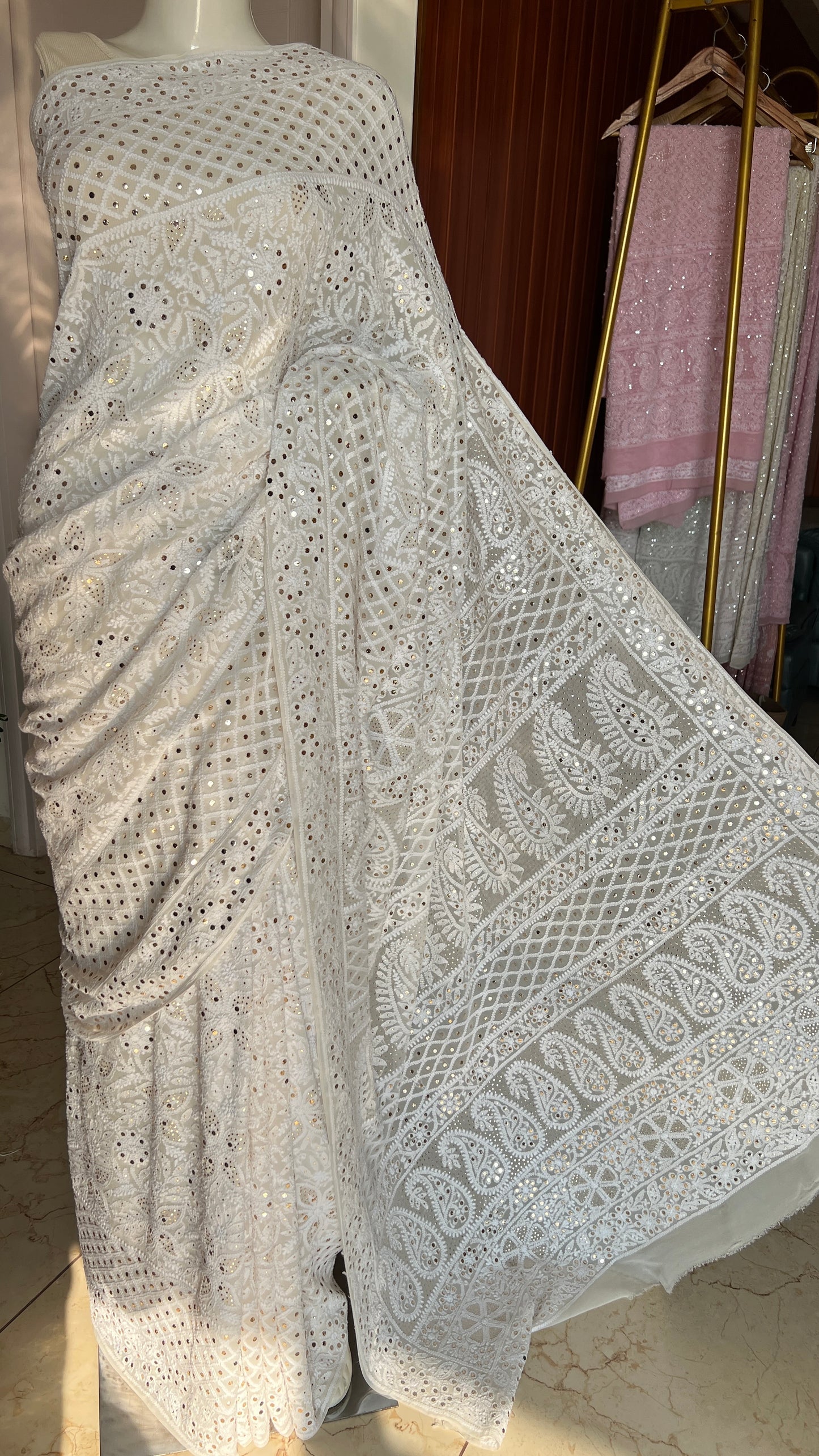 Ruhani Ivory Allover Designer Chikankari and Mukaish Saree