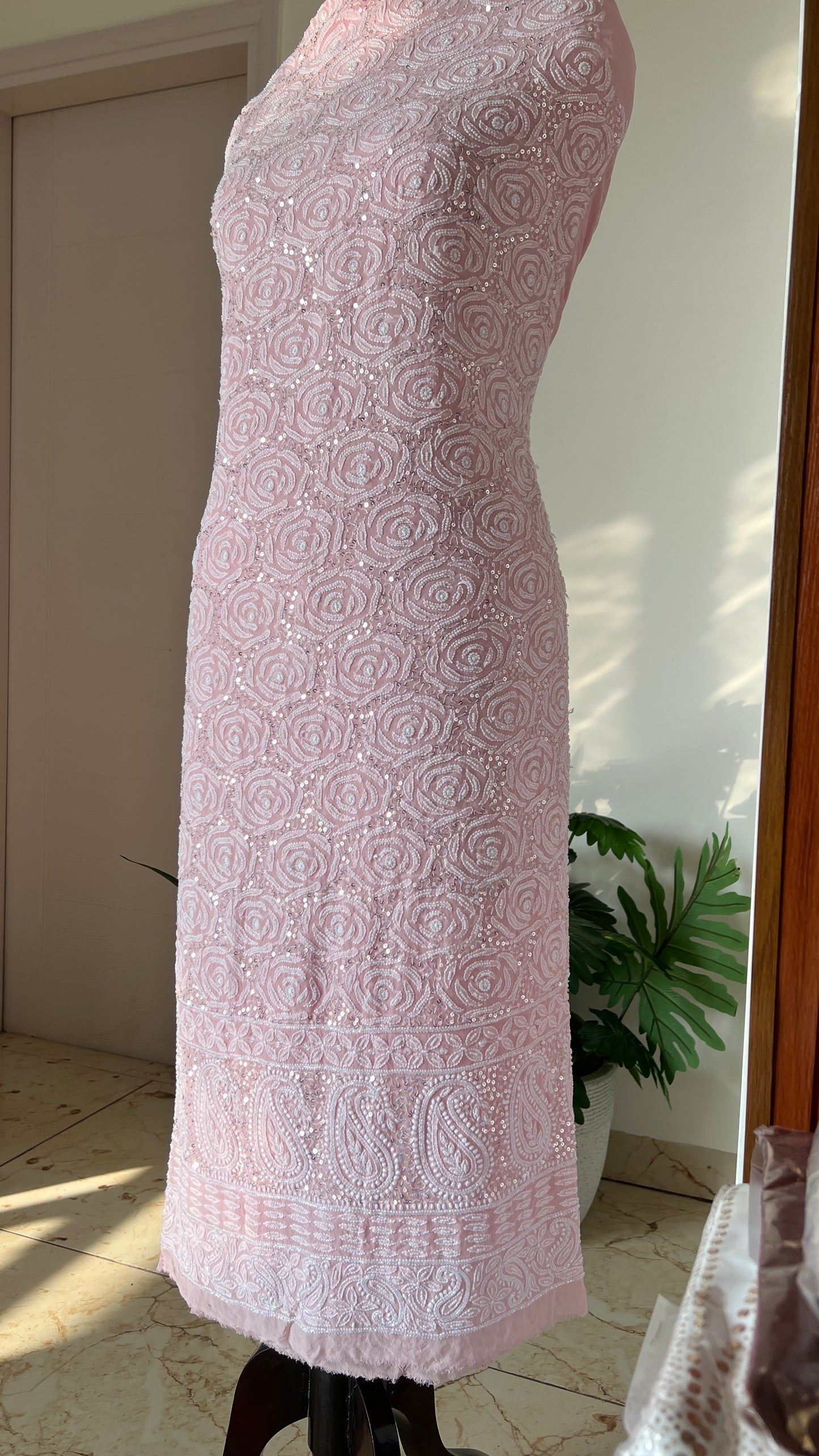 Blush pink fine Chikankari Pearl and sequins Embroidered Kurta and Dupatta