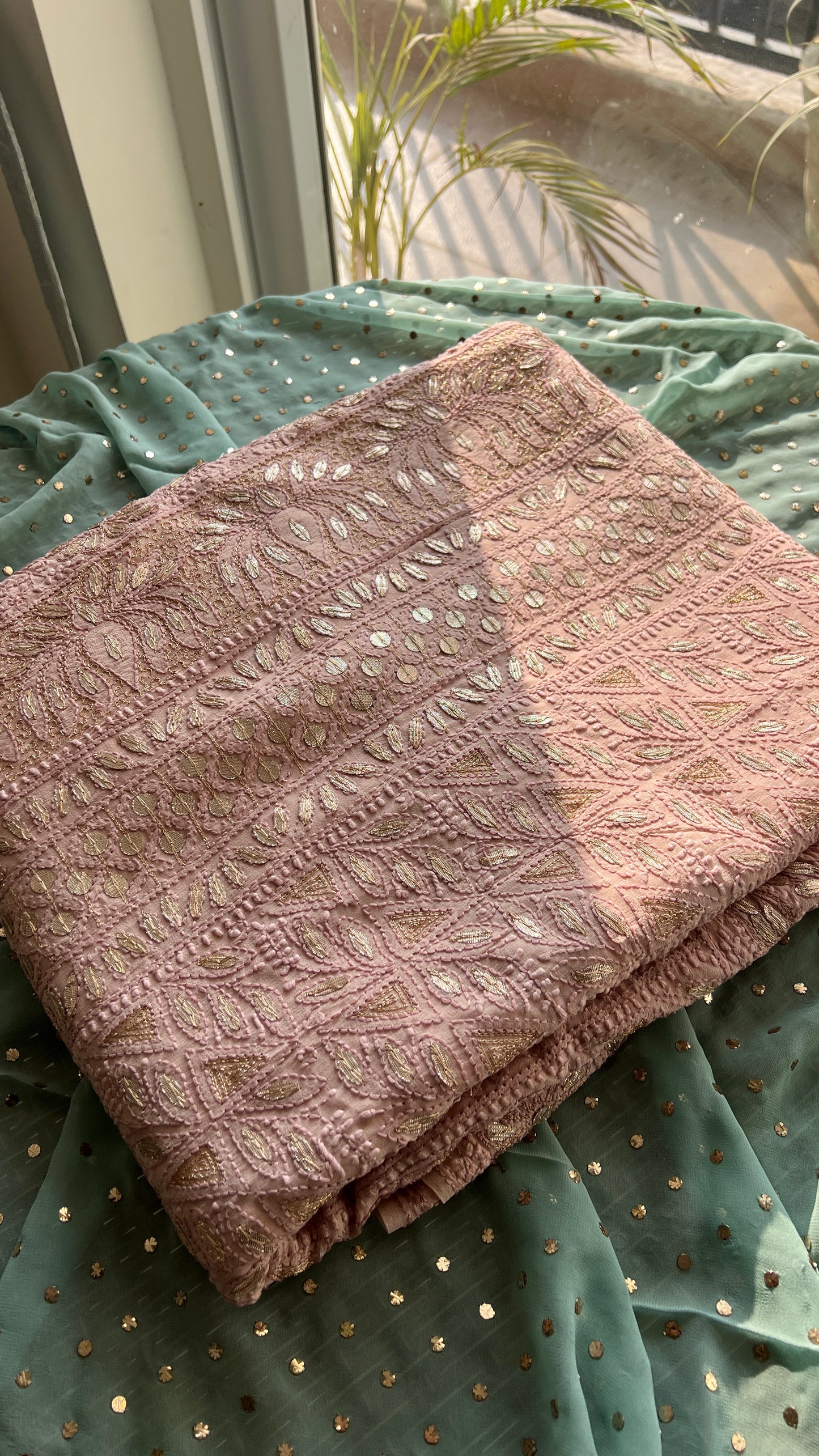 Ruhani Dusty Pink Chikankari and Gota Patti Saree