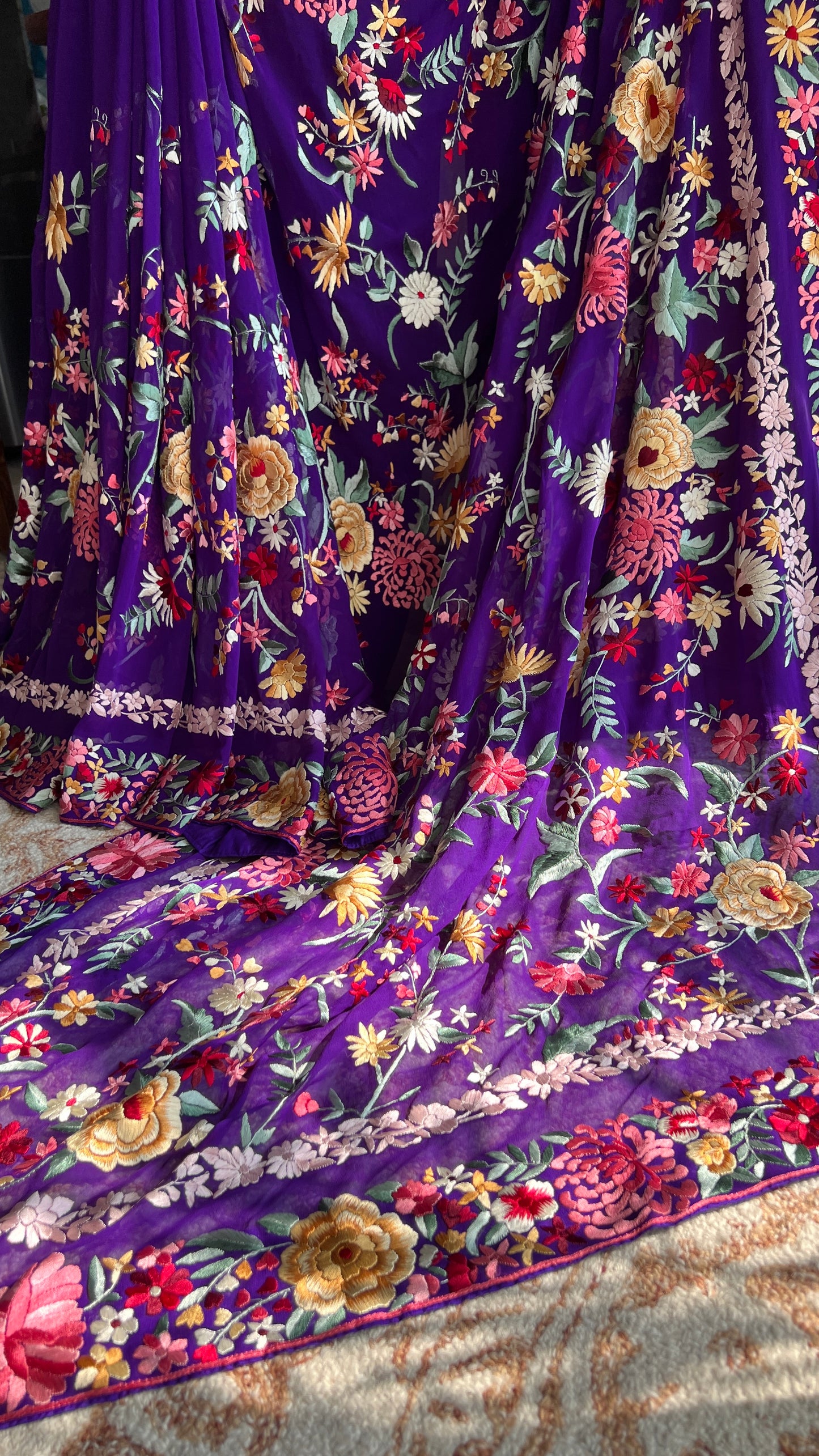 Aubergine purple floral Masterpiece Parsi Gara Pure Georgette Saree
