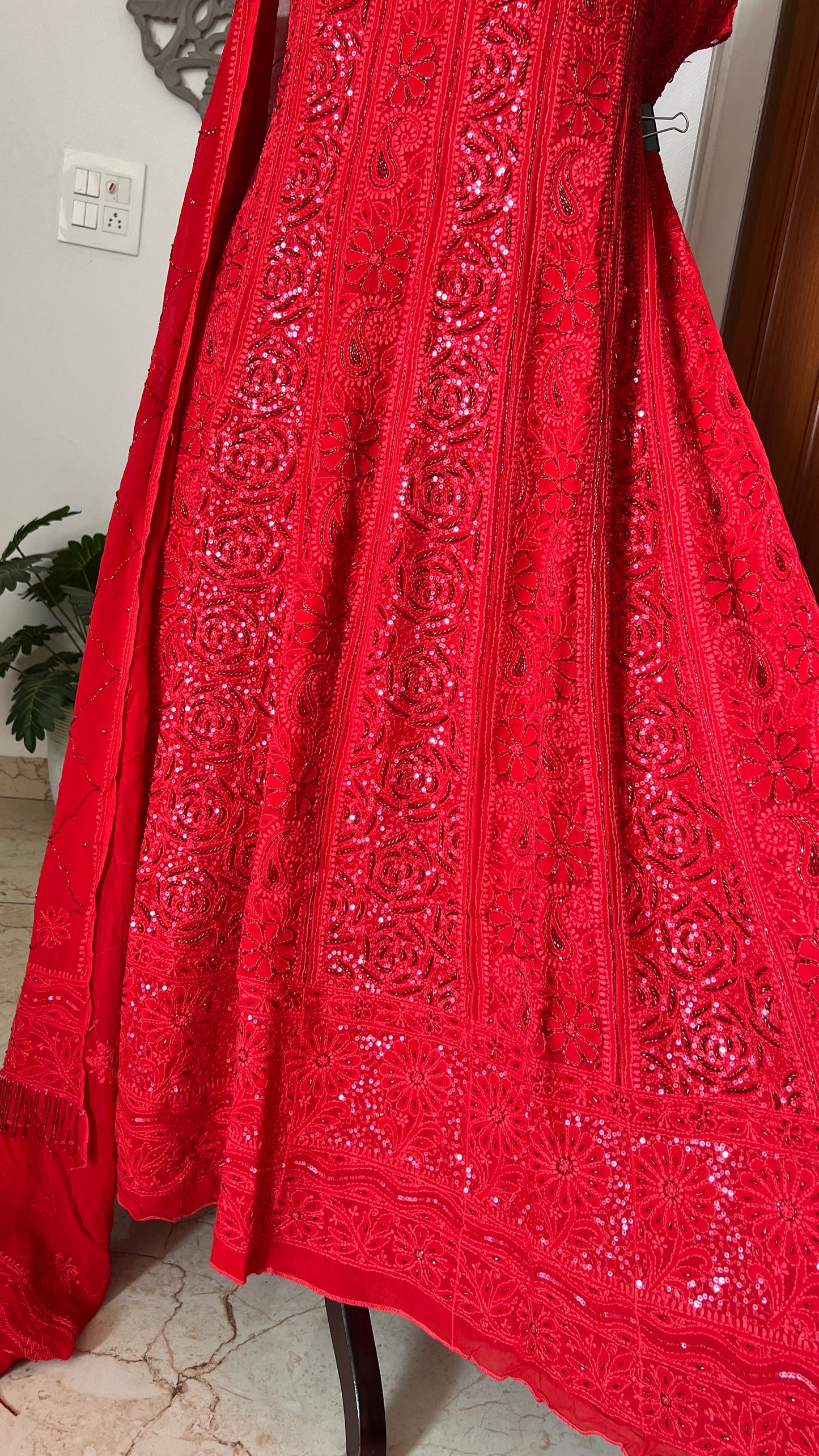 Red Chikankari Sequins and Cut Dana Anarkali
