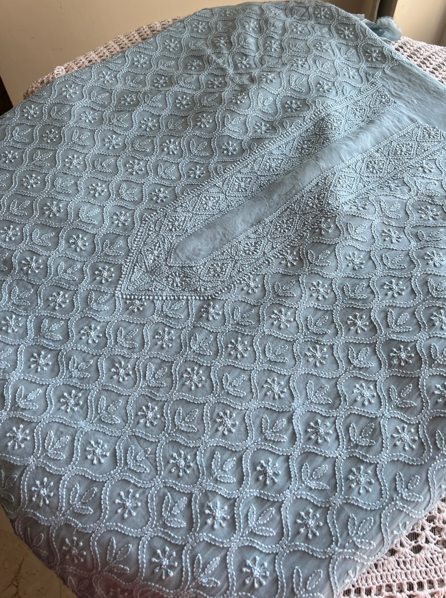 Blue Allover Chikankari Men's Kurta Fabric