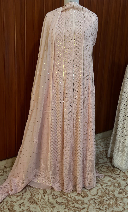 Light pink allover Chikankari and mukaish anarkali with dupatta