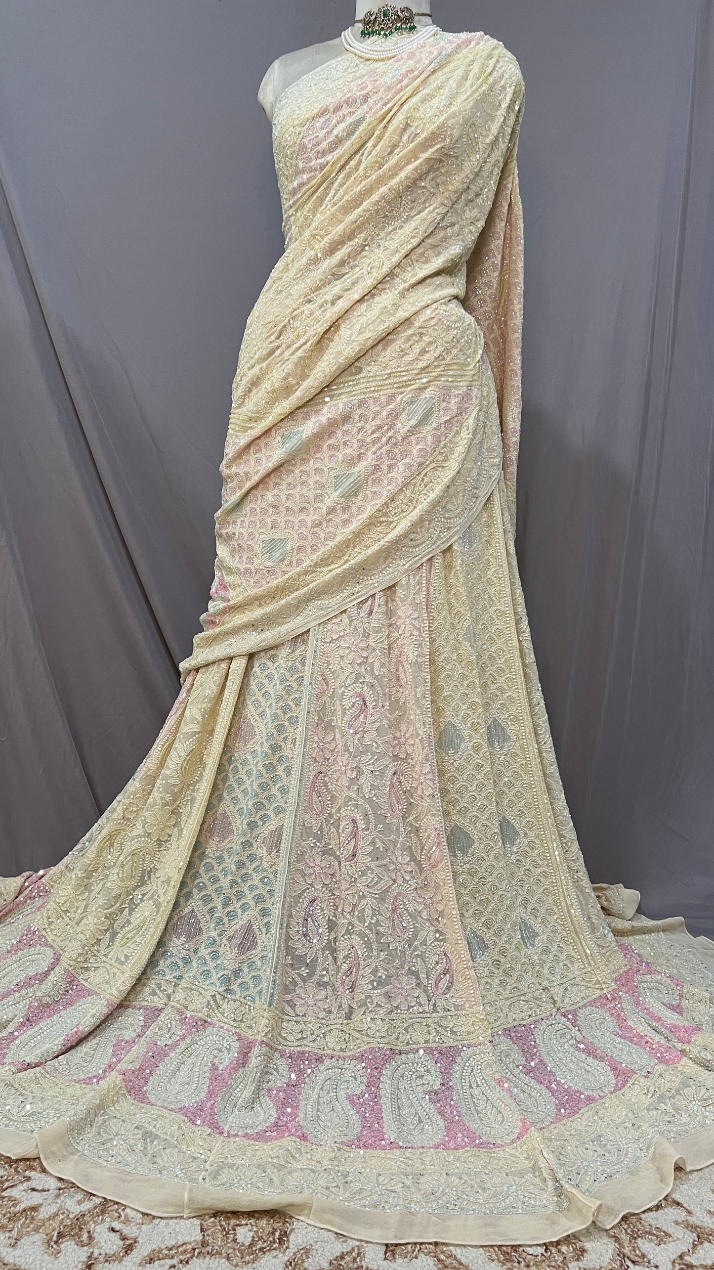 Butter yellow Ruhani Chikankari Lehenga with Multicolored Cut Dana sequins