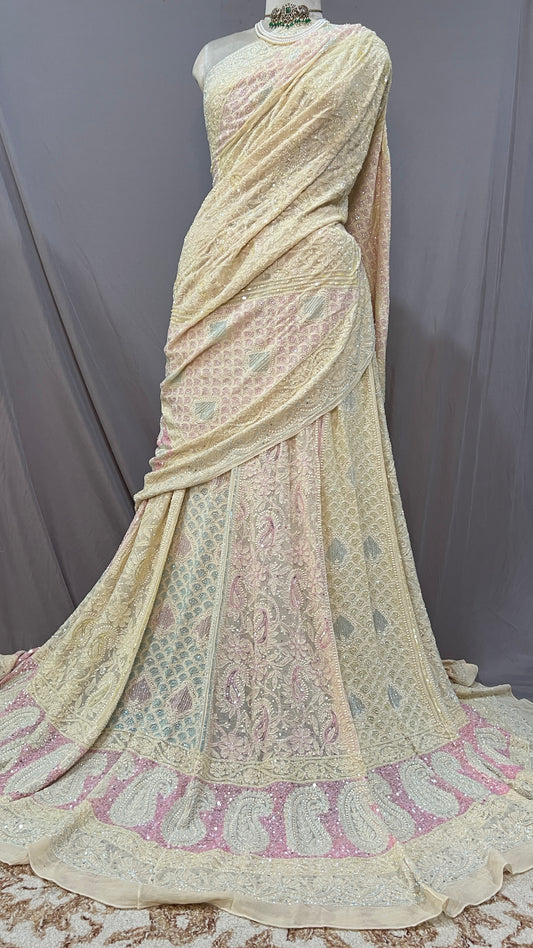 Butter yellow Ruhani Chikankari Lehenga with Multicolored Cut Dana sequins