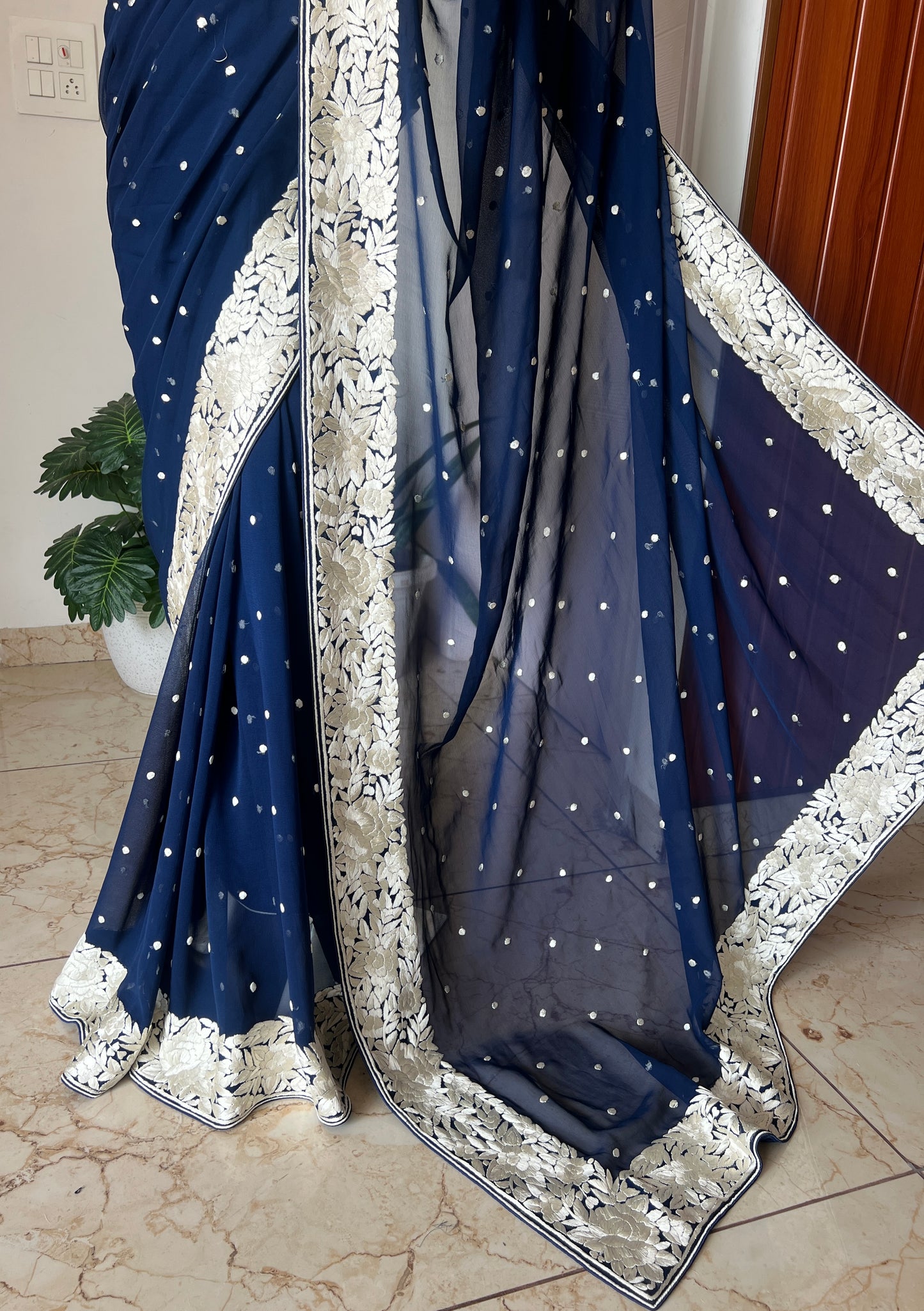 Navy Blue Pure Georgette Parsi Gara Hand Embroidered Saree