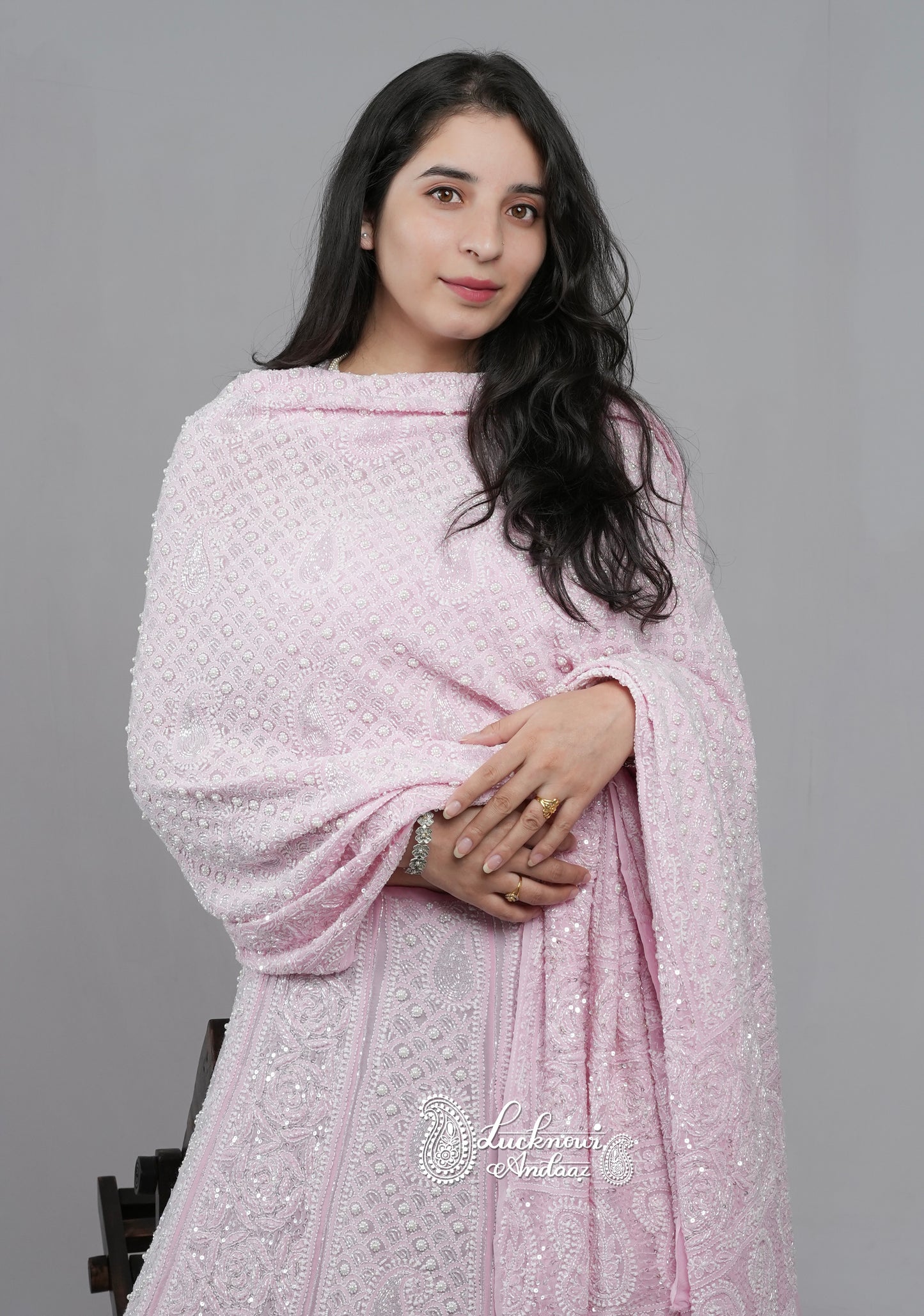 Ruhani Pink Chikankari Pearl Cut Dana Sequins Wedding Lehenga