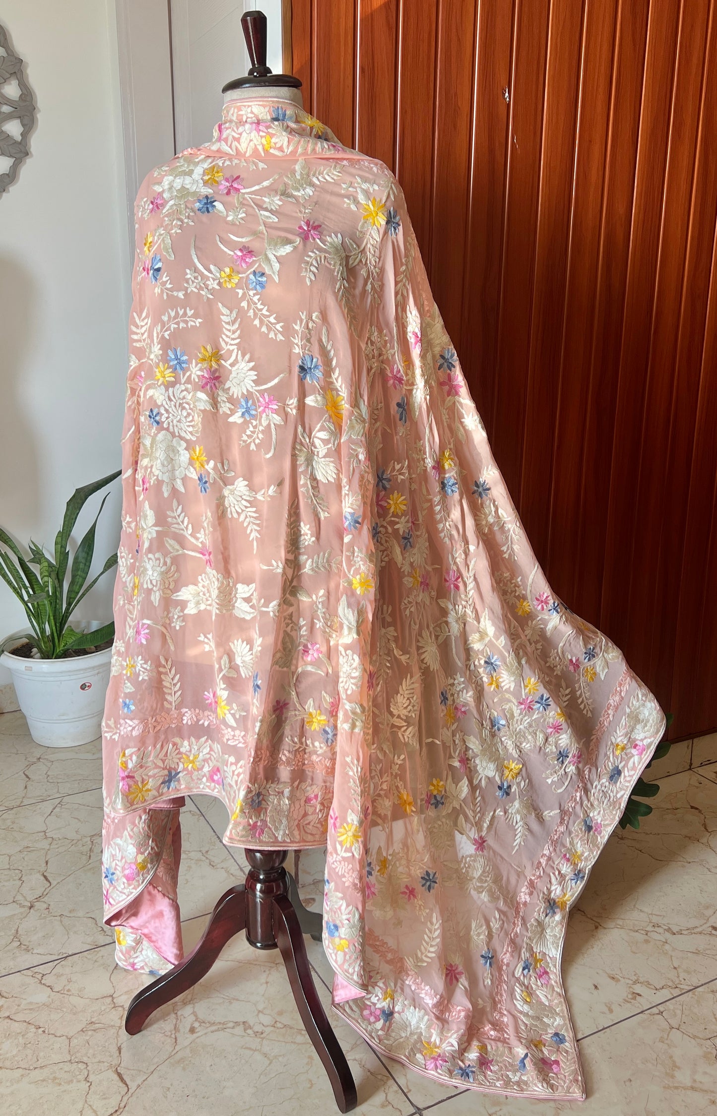 Blush Peach masterpiece Parsi Gara Dupatta Hand Embroidered