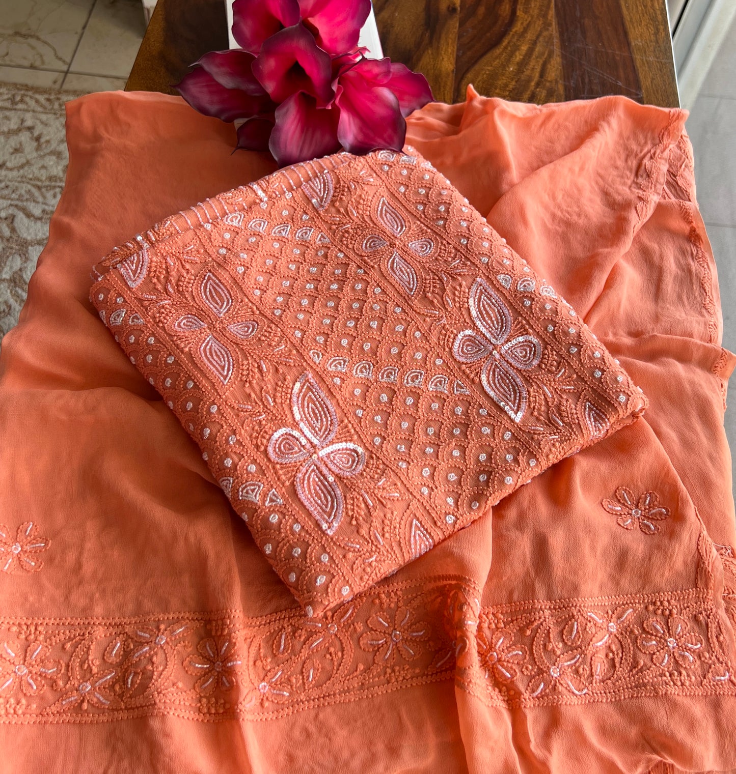 Orange Chikankari Cut Dana and sequins work Kurta and Dupatta
