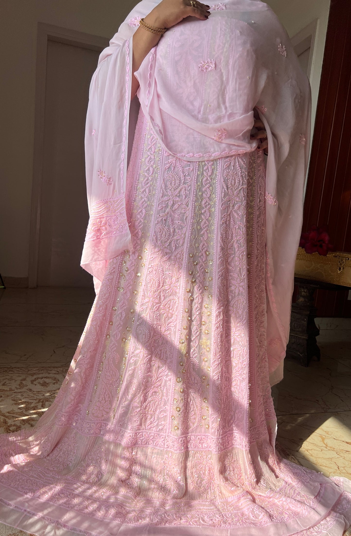 Pretty pink Chikankari Sequins Cut Dana pearl Anarkali