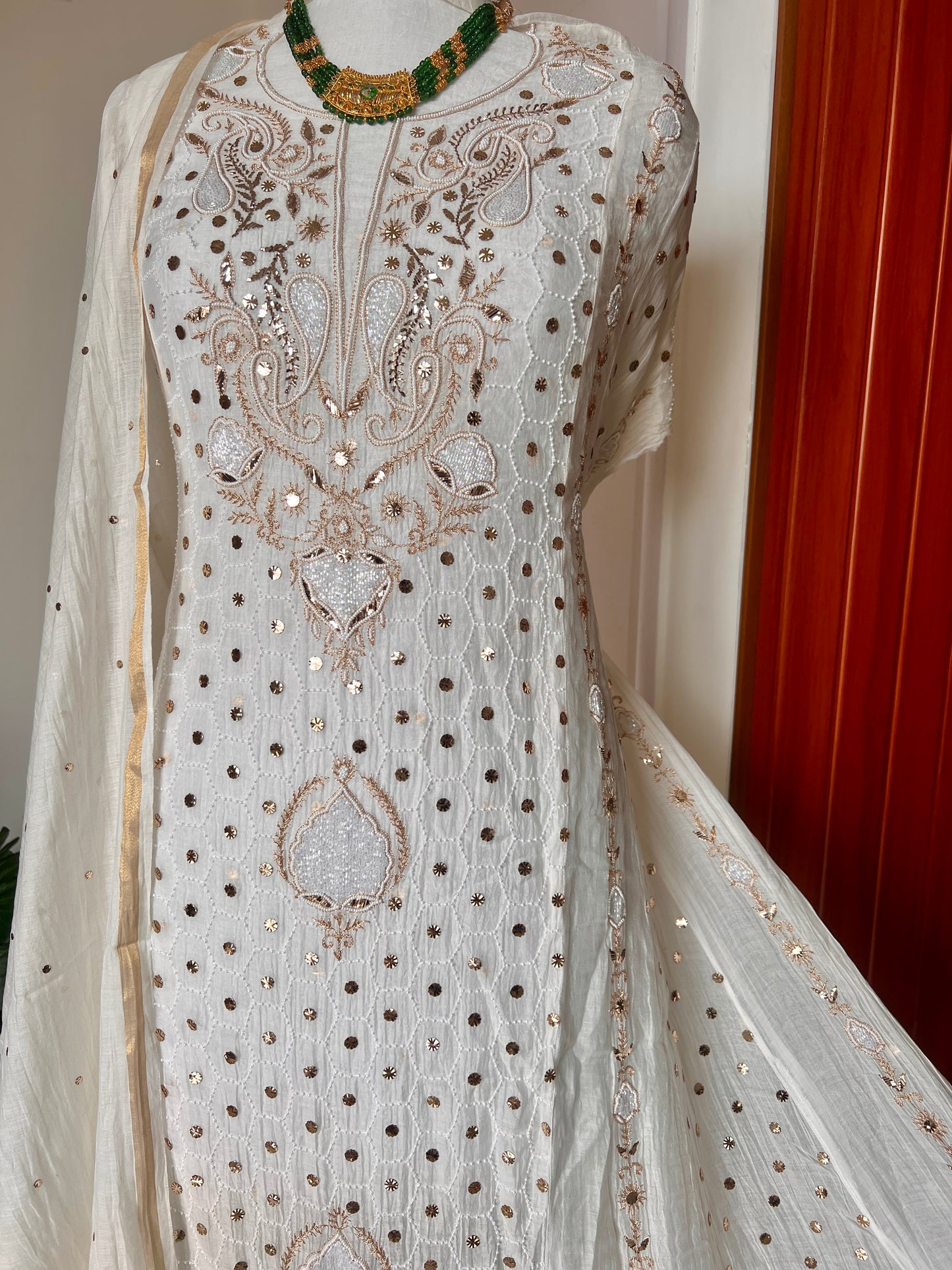 Mul Chanderi Anarkali with Mukaish and pearl work