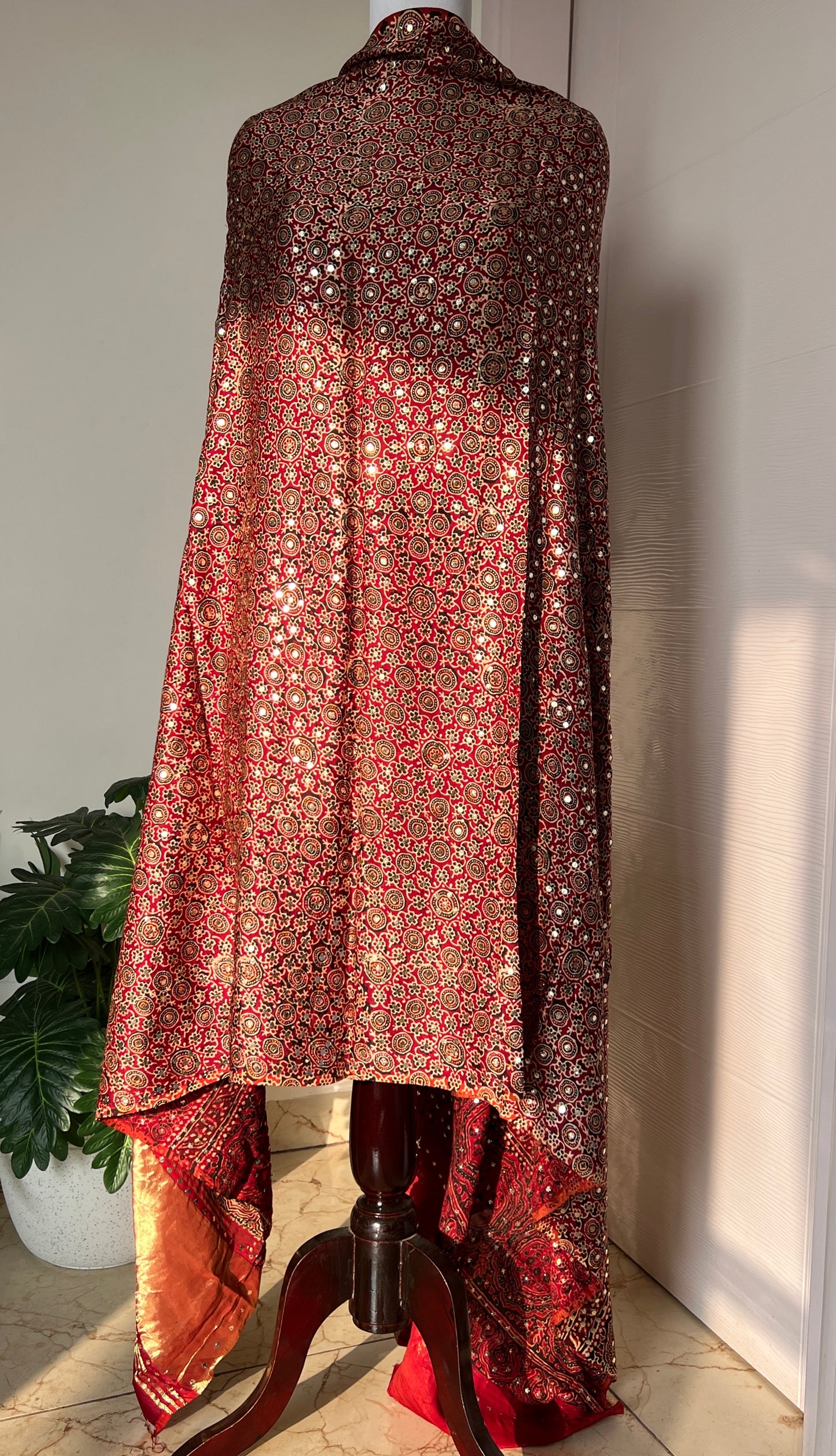 Maroon modal silk ajrakh block printed dupatta with heavy mukaish