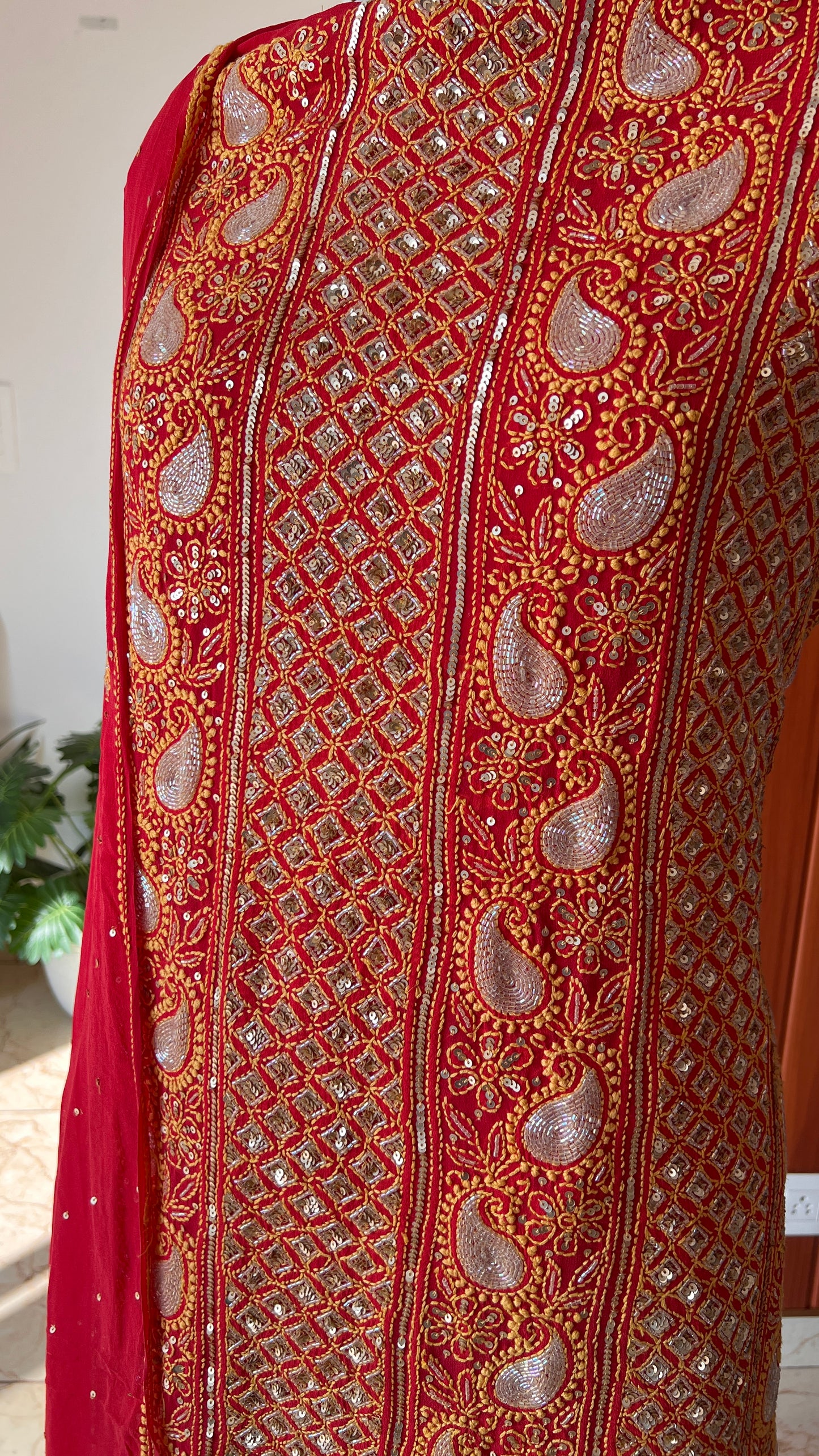 Ruhani Red Chikankari golden cut dana sequins kurta and dupatta
