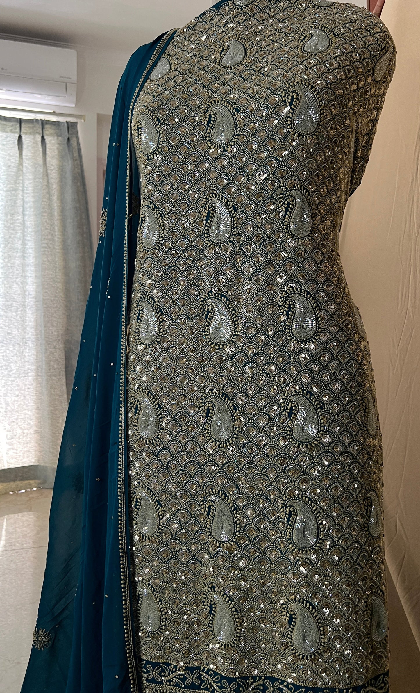 Ruhani Teal Chikankari heavy cut dana sequins kurta and dupatta