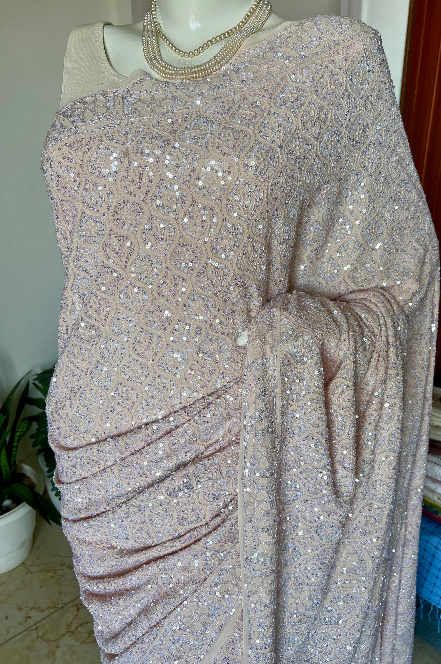 Ruhani Beige Chikankari Sequins Cut Dana Embroidered Masterpiece Saree