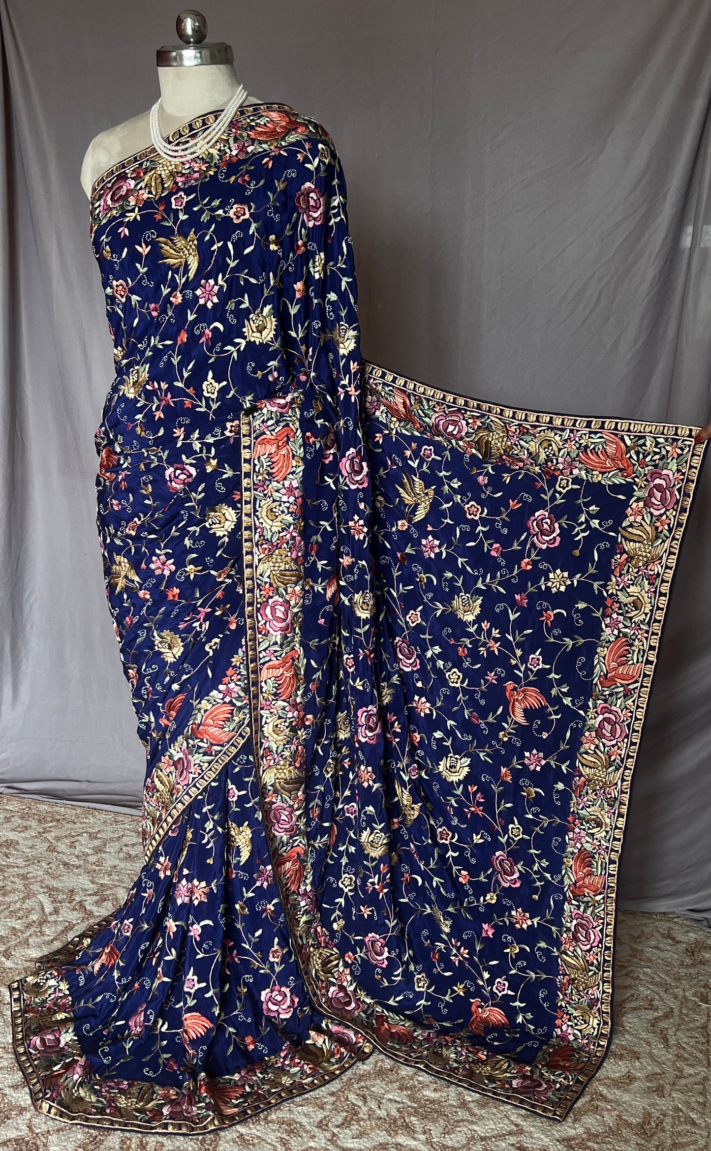 Navy Blue Masterpiece Parsi Gara Pure Crepe Saree