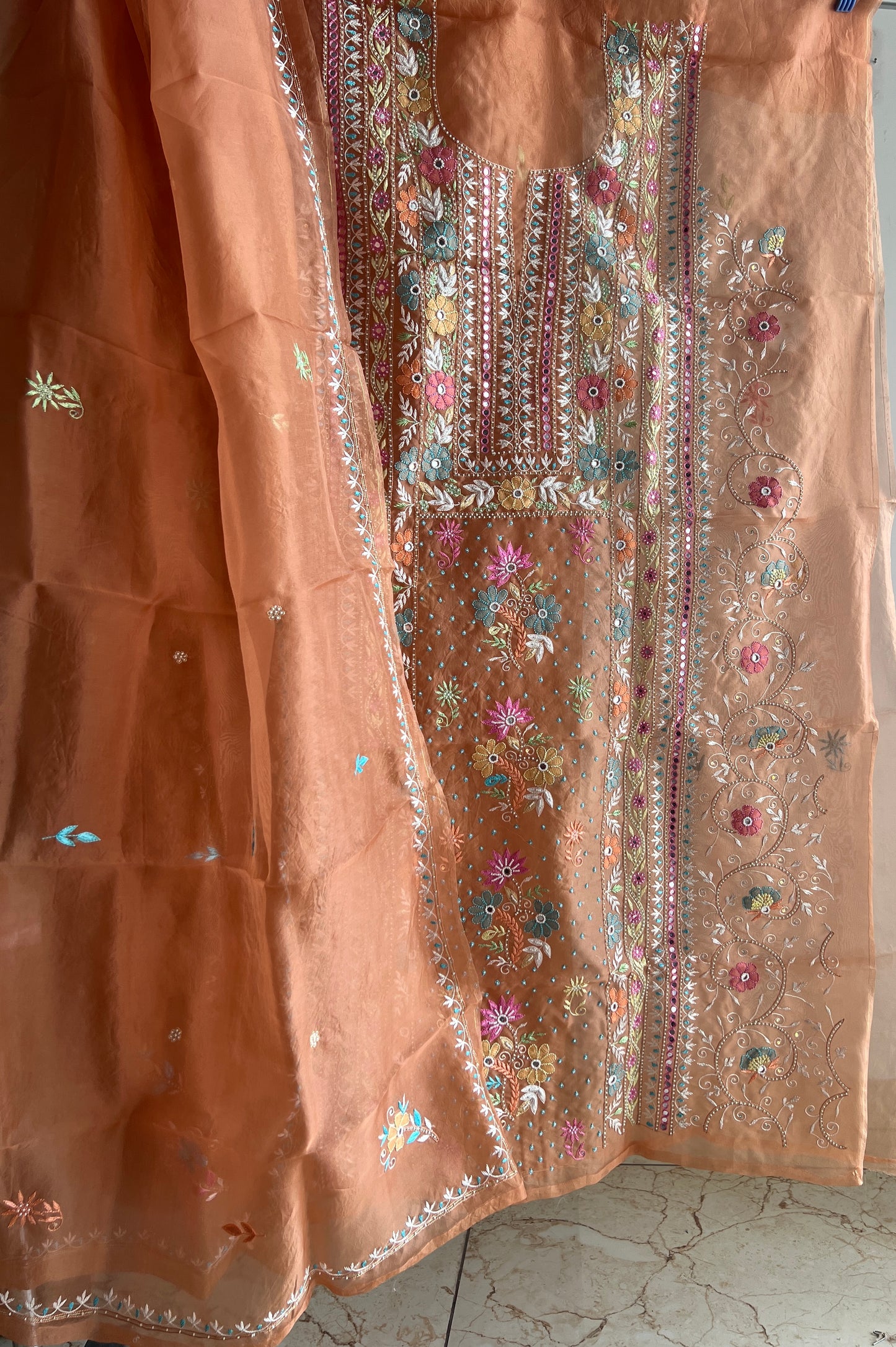 Ruhani Orange fine Chikankari pure Organza kurta with dupatta