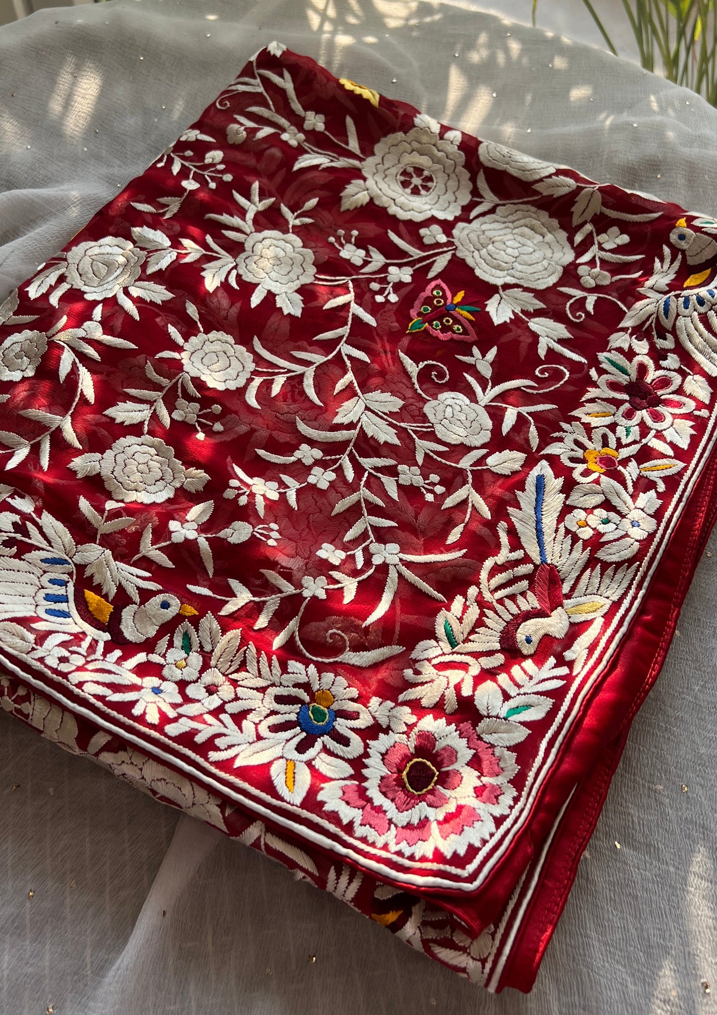 Red masterpiece Parsi Gara Dupatta Hand Embroidered