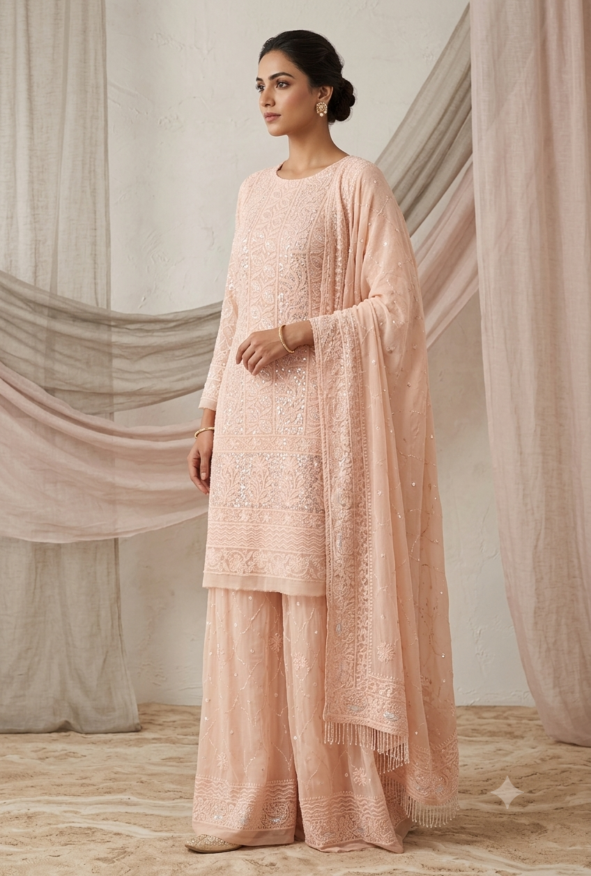 Blush peach Chikankari cut dana and sequins work full suit