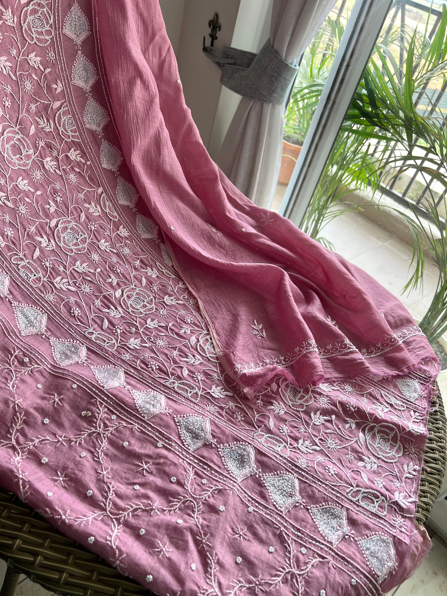 Moonga Silk Chikankari pearl and cut Dana work kurta and dupatta
