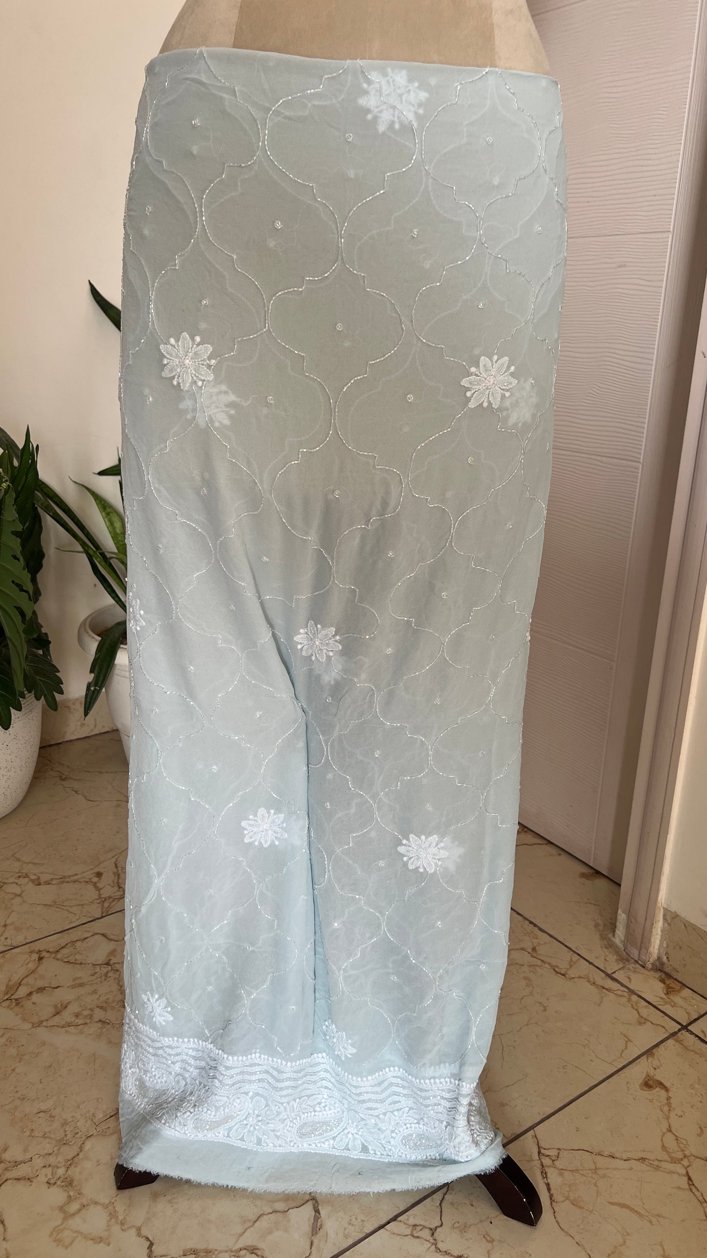 Sky Blue Chikankari cut dana and pearl work full suit