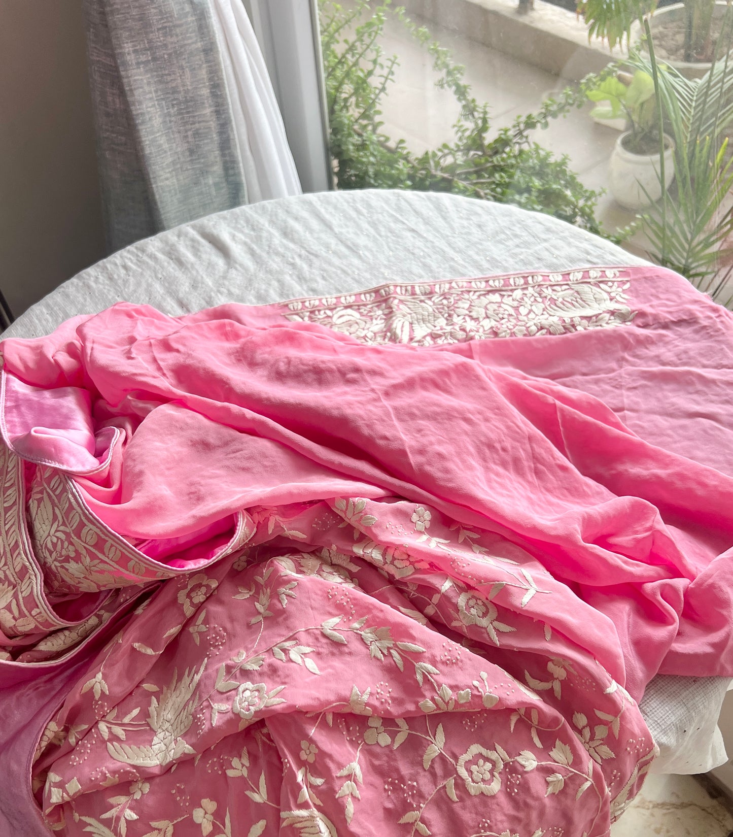 Pink Masterpiece Parsi Gara Pure Crepe Saree