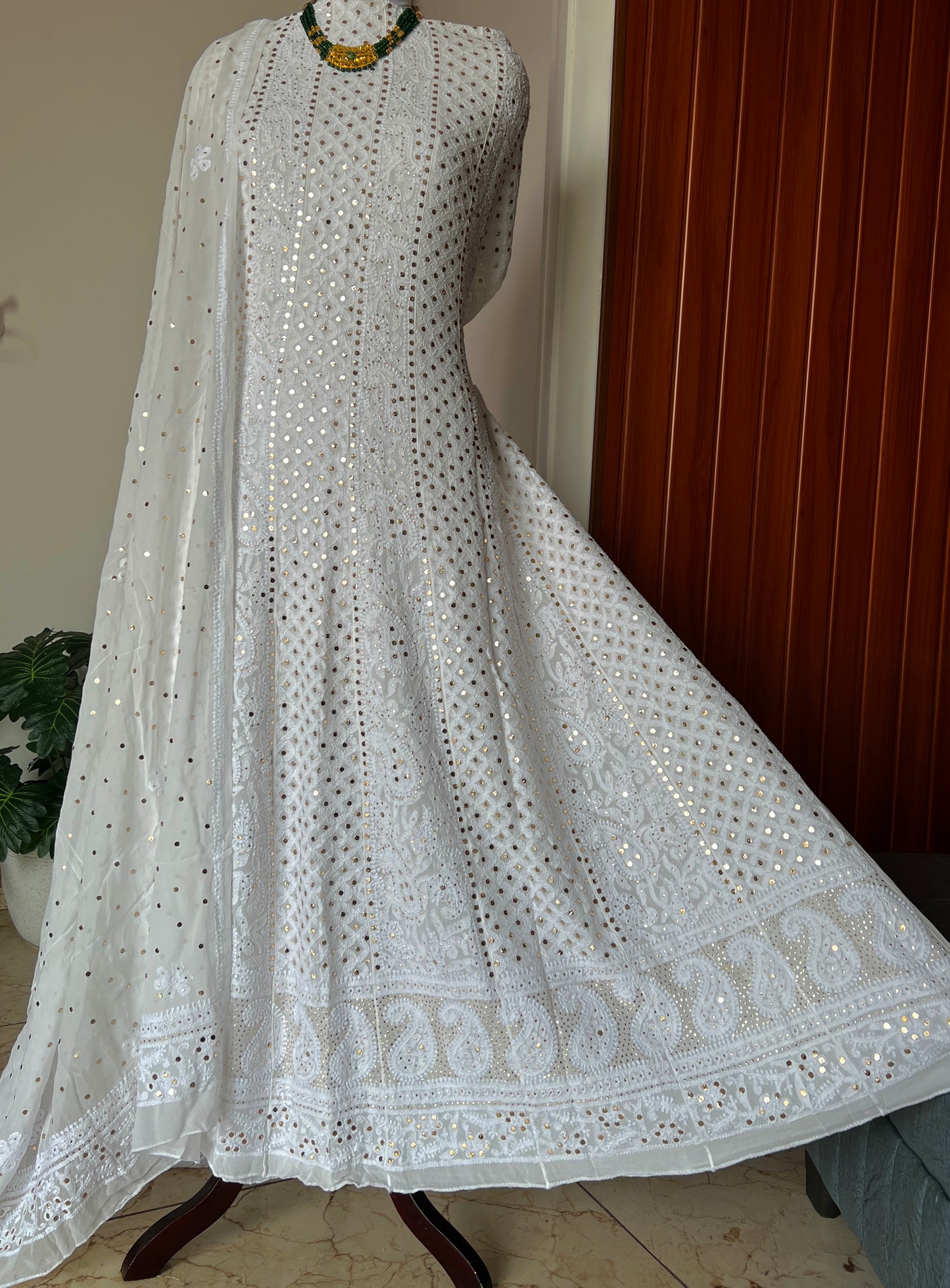 White allover Chikankari and mukaish anarkali with dupatta