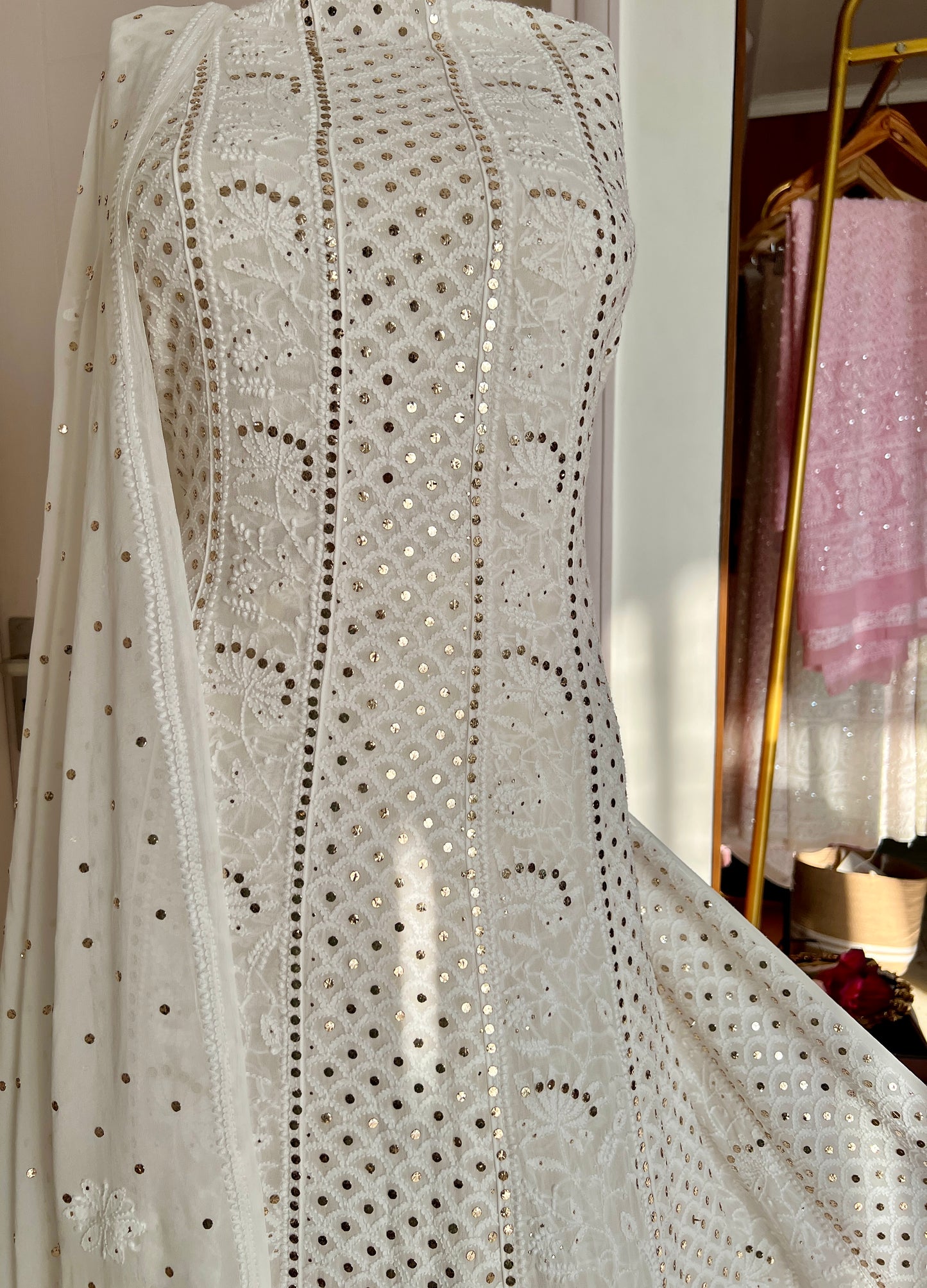 White allover Chikankari and mukaish anarkali with dupatta