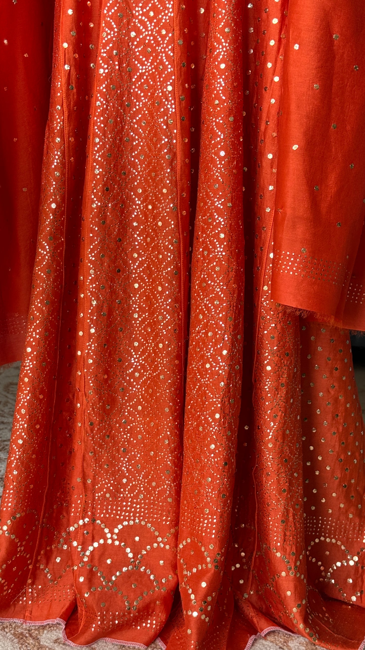 Rust Orange Allover Heavy Mukaish Chanderi Silk Anarkali with Dupatta