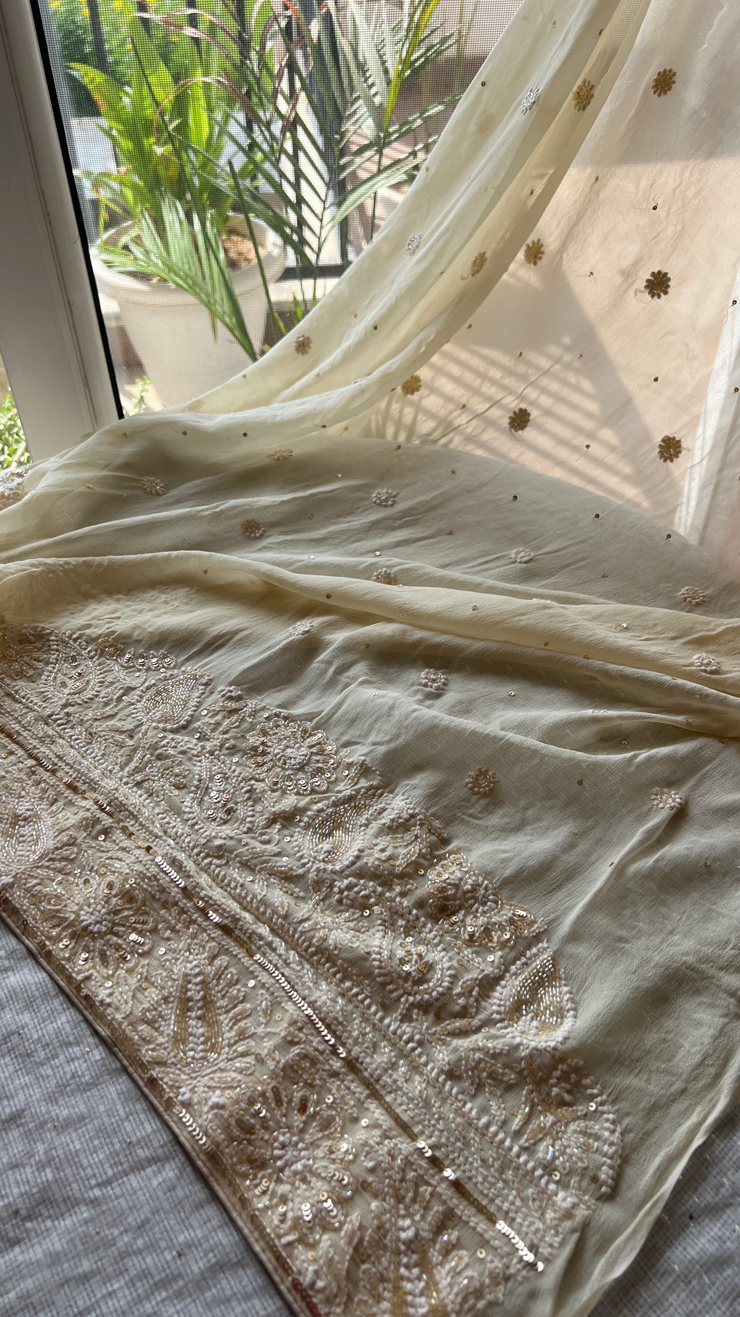 Ruhani Butter Cream Chikankari Sequins Cut Dana Embroidered Masterpiece Saree