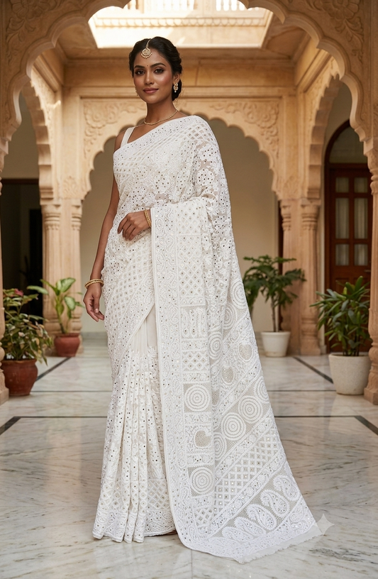 Ruhani Ivory Allover Fine Chikankari and Mukaish Saree
