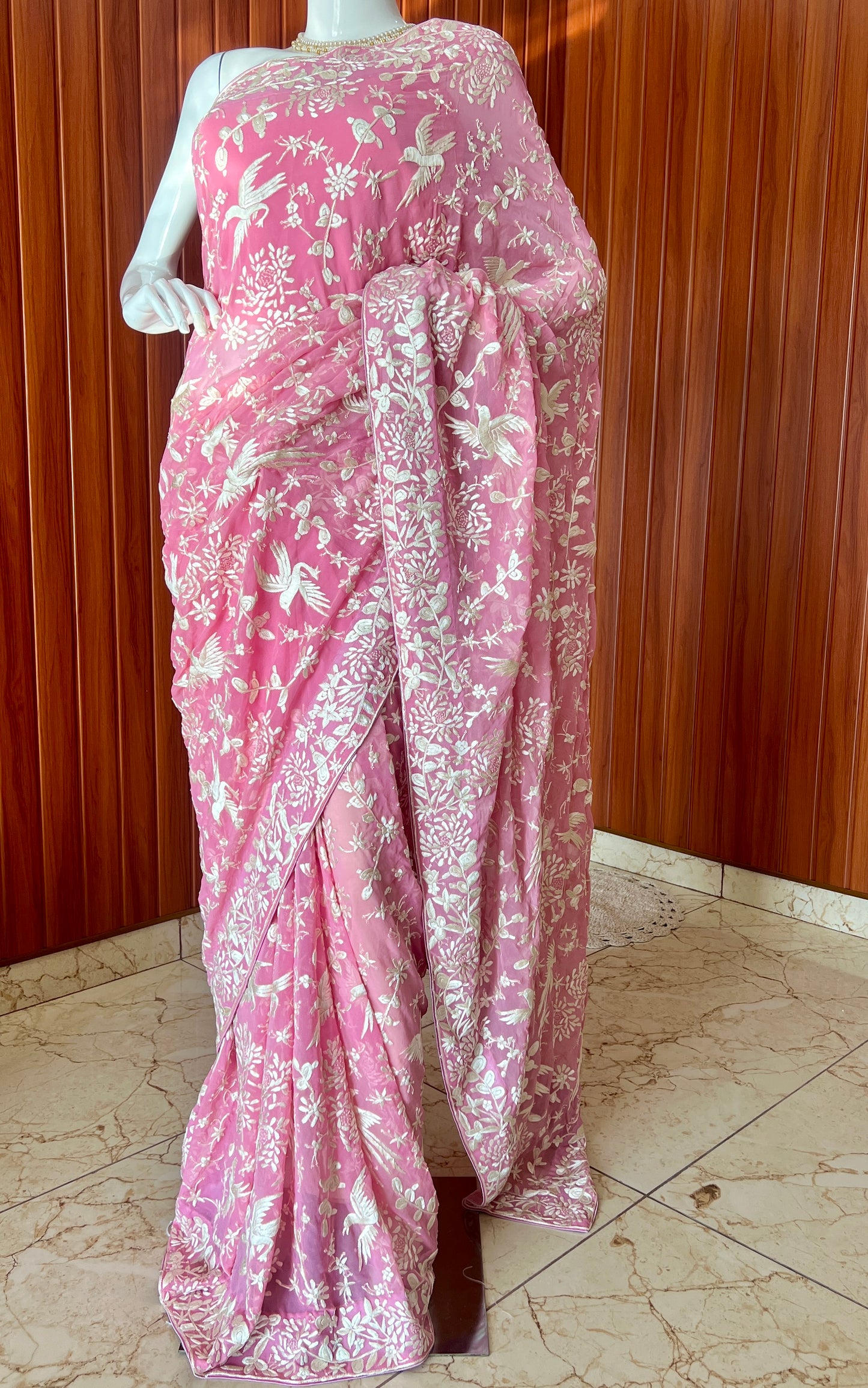 Pink Parsi Gara Hand Embroidered Saree