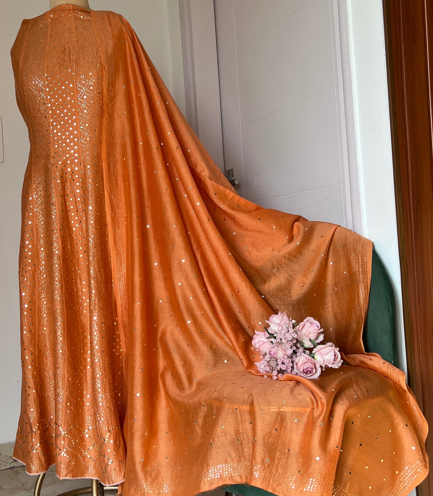 Orange Allover Heavy Mukaish Chanderi Silk Anarkali with Dupatta