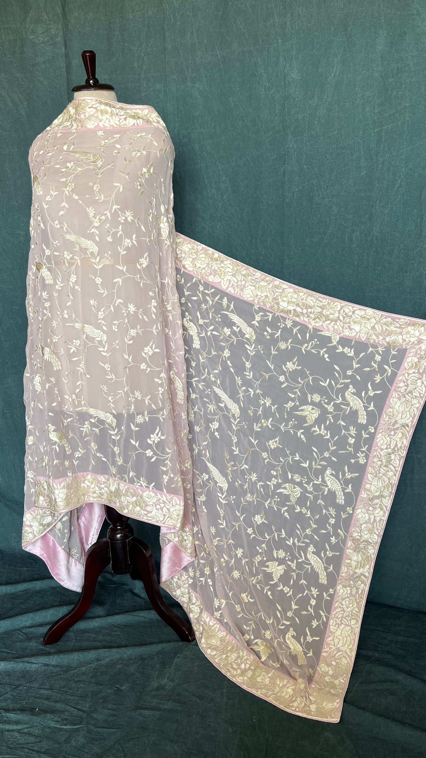 Light Pink Parsi Gara Hand Embroidered Dupatta