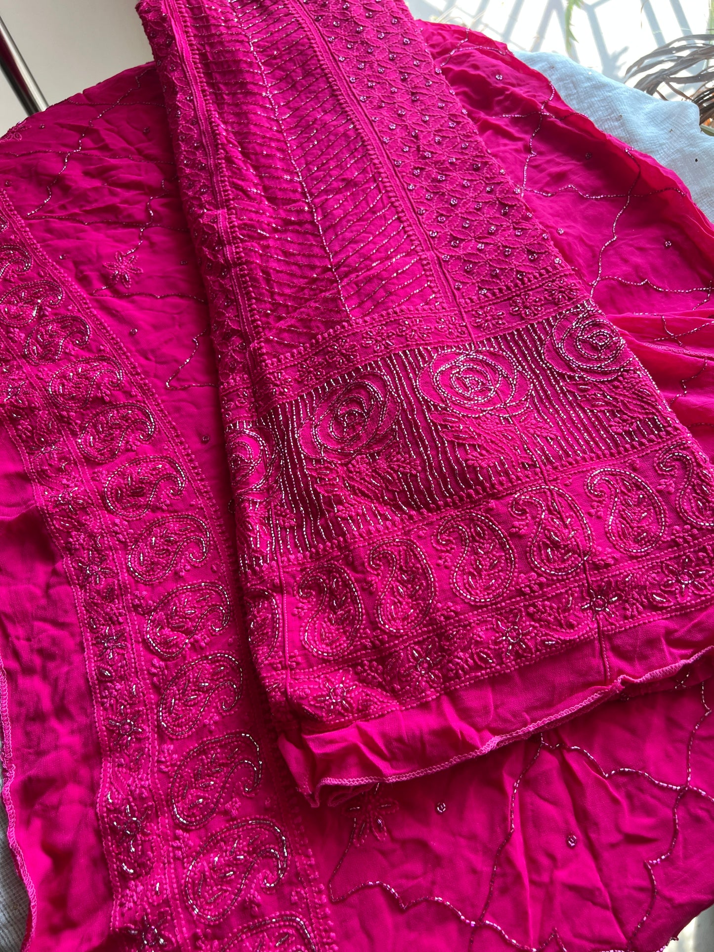 Hot pink Chikankari Sequins and Cut Dana Anarkali