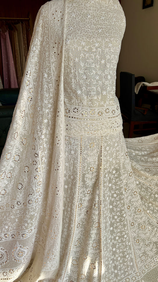 Ruhani fine Chikankari and intricate Mukaish Lehenga Set