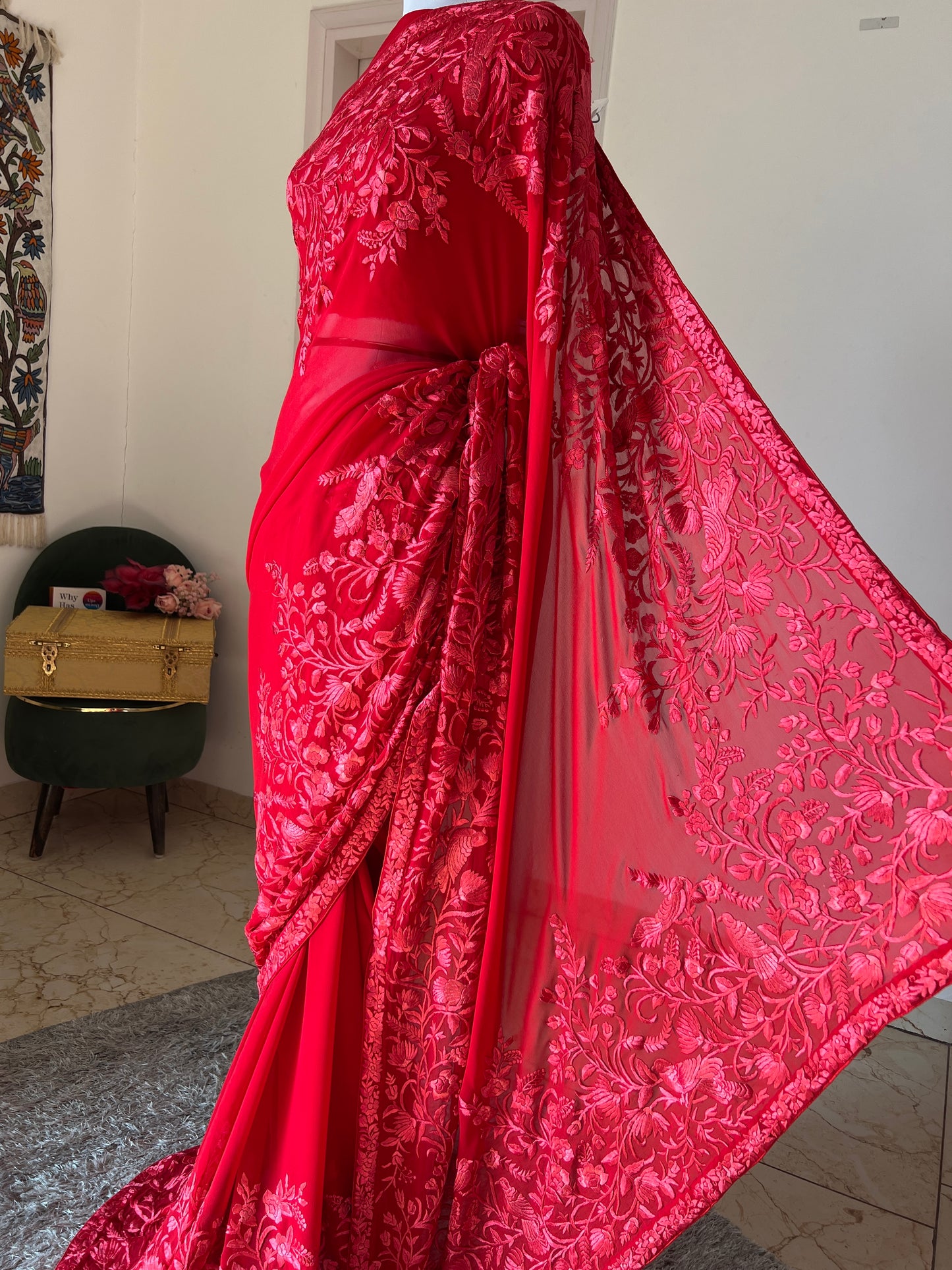 Roja Red pure georgette saree with parsi gara hand embroidery