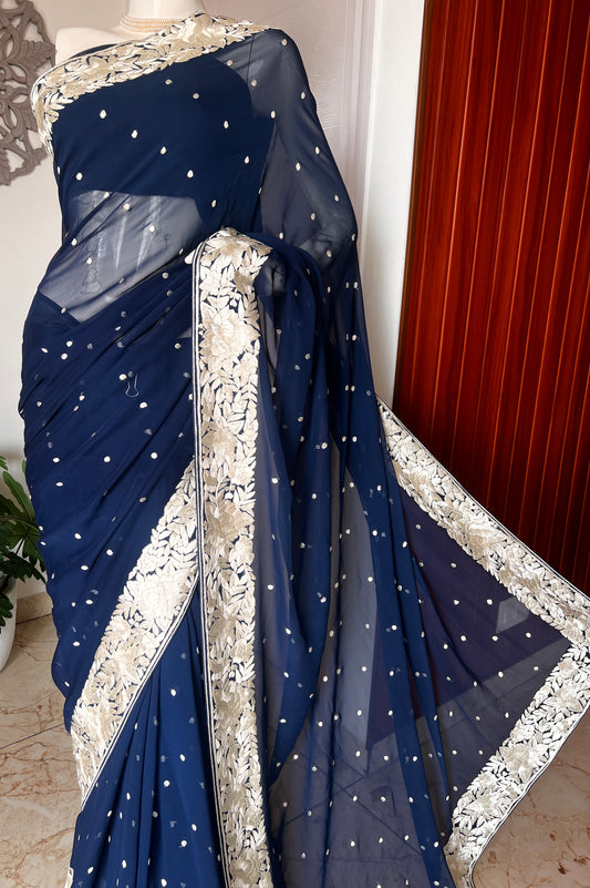 Navy Blue Pure Georgette Parsi Gara Hand Embroidered Saree