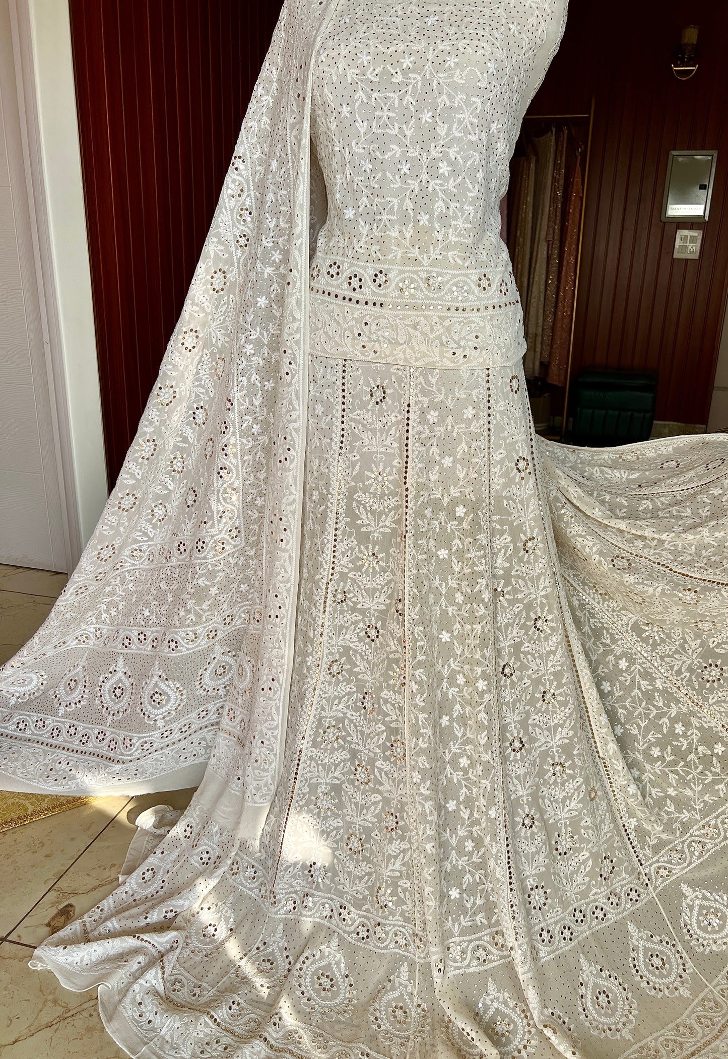 Ruhani fine Chikankari and intricate Mukaish Lehenga Set